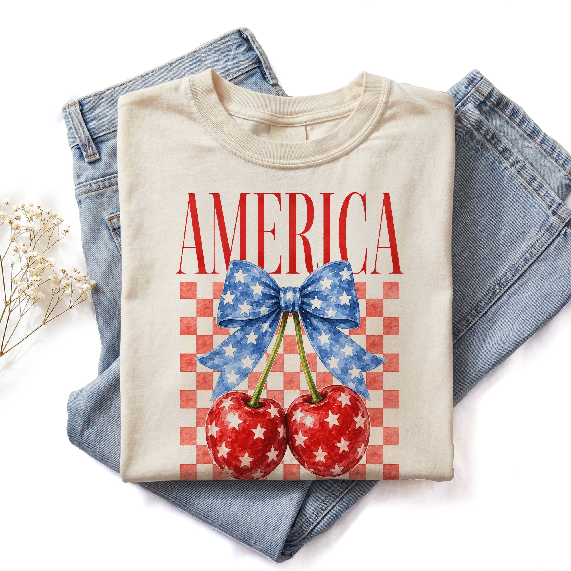 America Cherry Graphic T-Shirt Cute Patriotic Stars Bow Vintage Aesthetic Tee