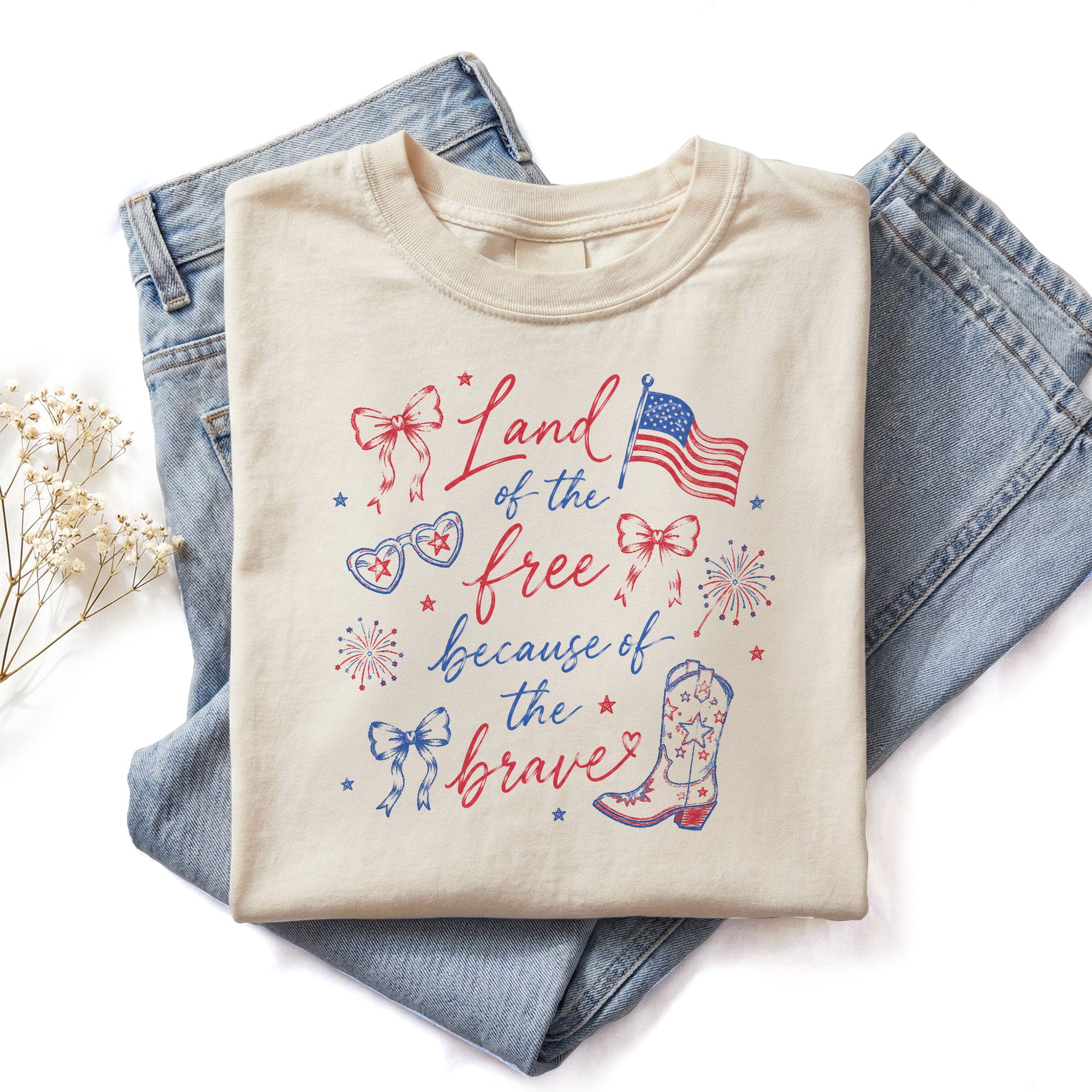 Land Of The Free Because Of The Brave T-Shirt Patriotic Cowgirl Boots Graphic Tee