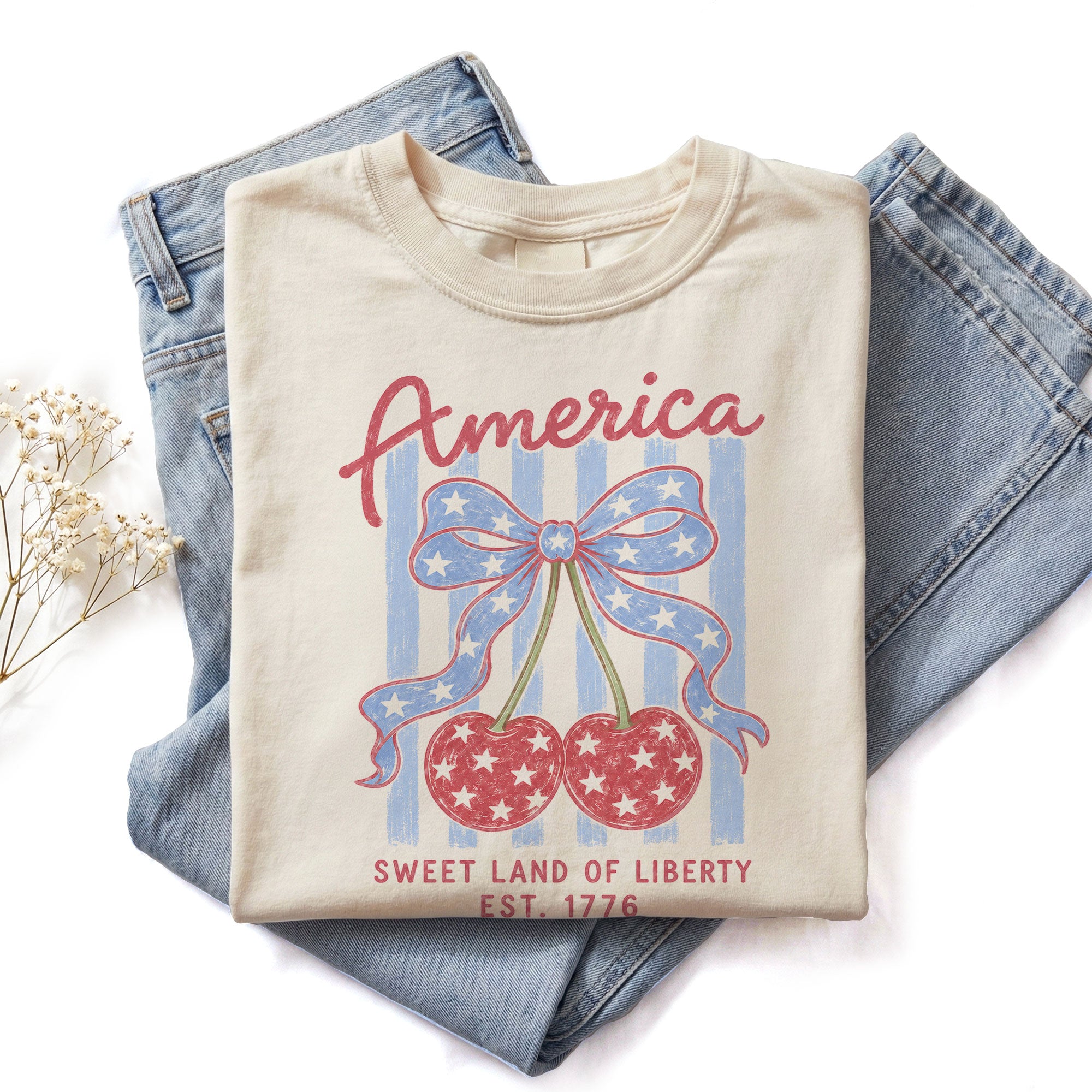 America Sweet Land Of Liberty T-Shirt Vintage Patriotic Cherry Stars Bow Graphic Tee