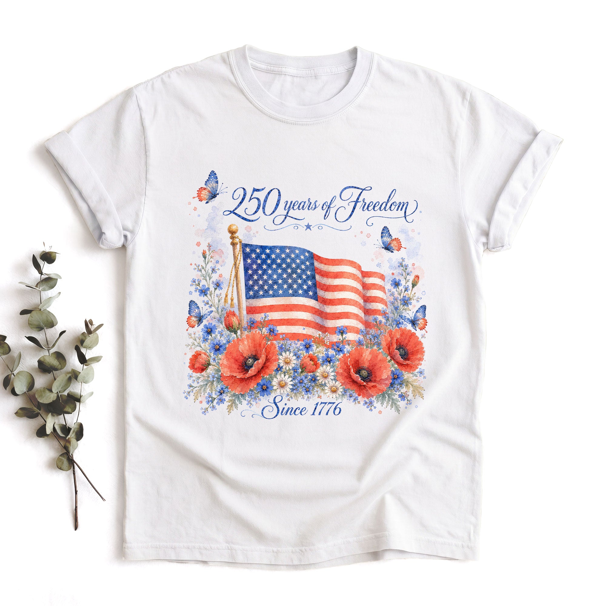 250 Years of Freedom T-Shirt 1776 US Flag Floral Patriotic Women Oversized Graphic Tee