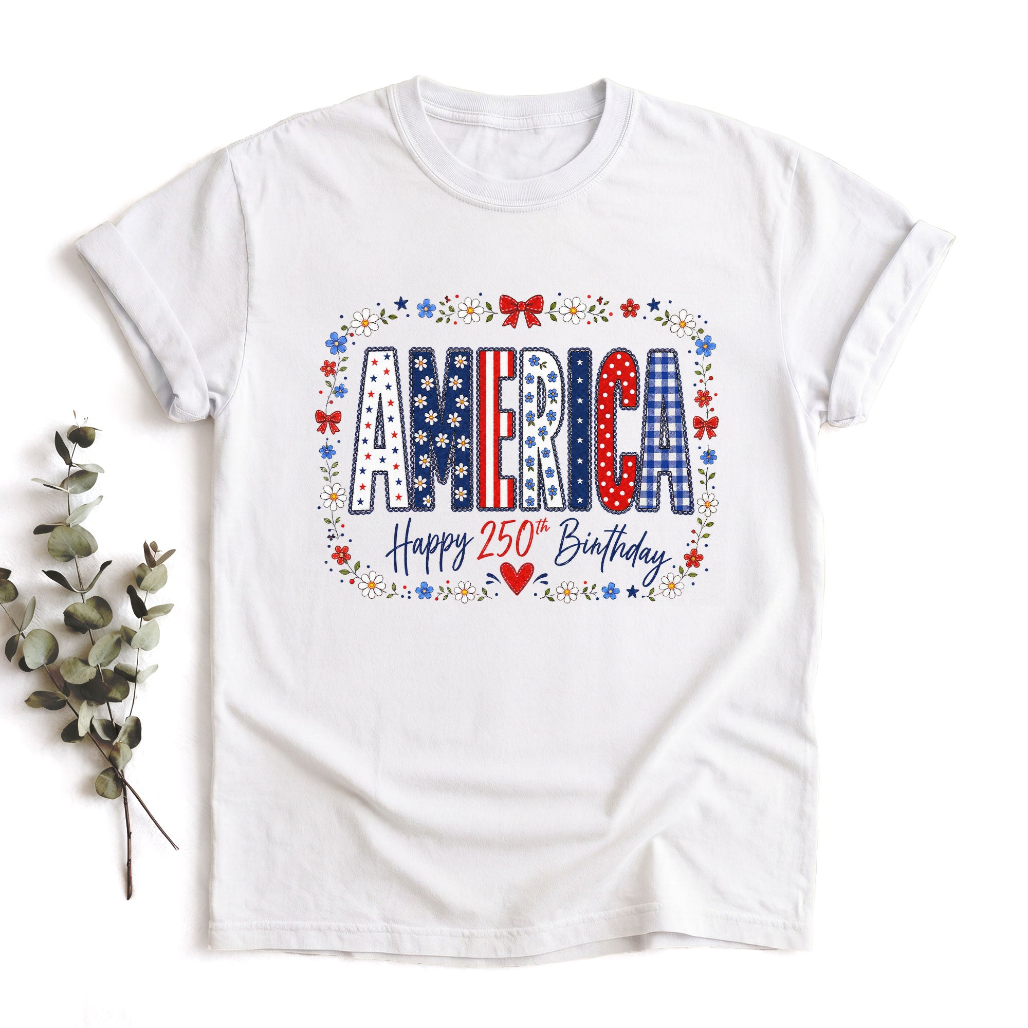 Happy 250th Birthday T-Shirt Patriotic Floral America Graphic Tee Fourth of July
