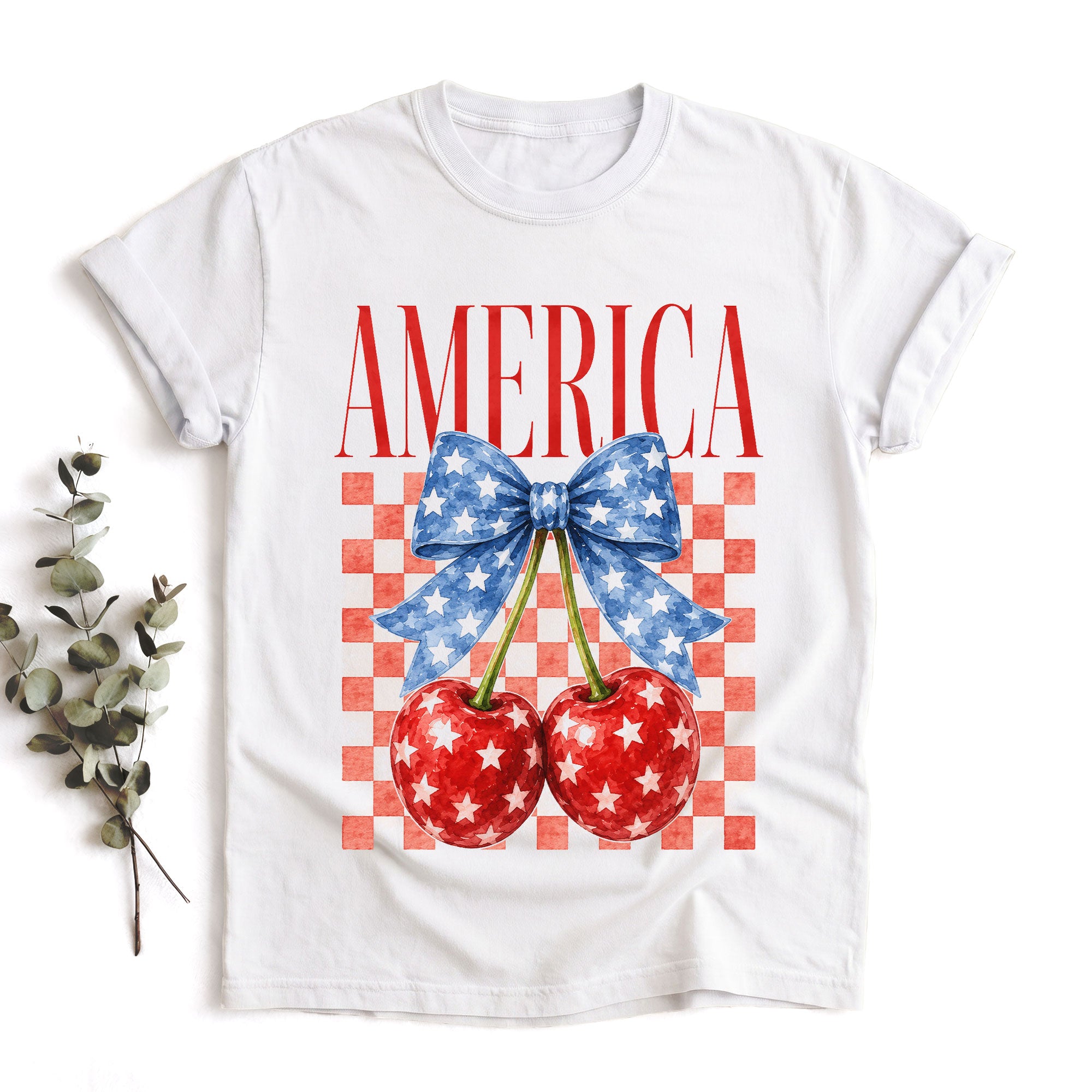America Cherry Graphic T-Shirt Cute Patriotic Stars Bow Vintage Aesthetic Tee