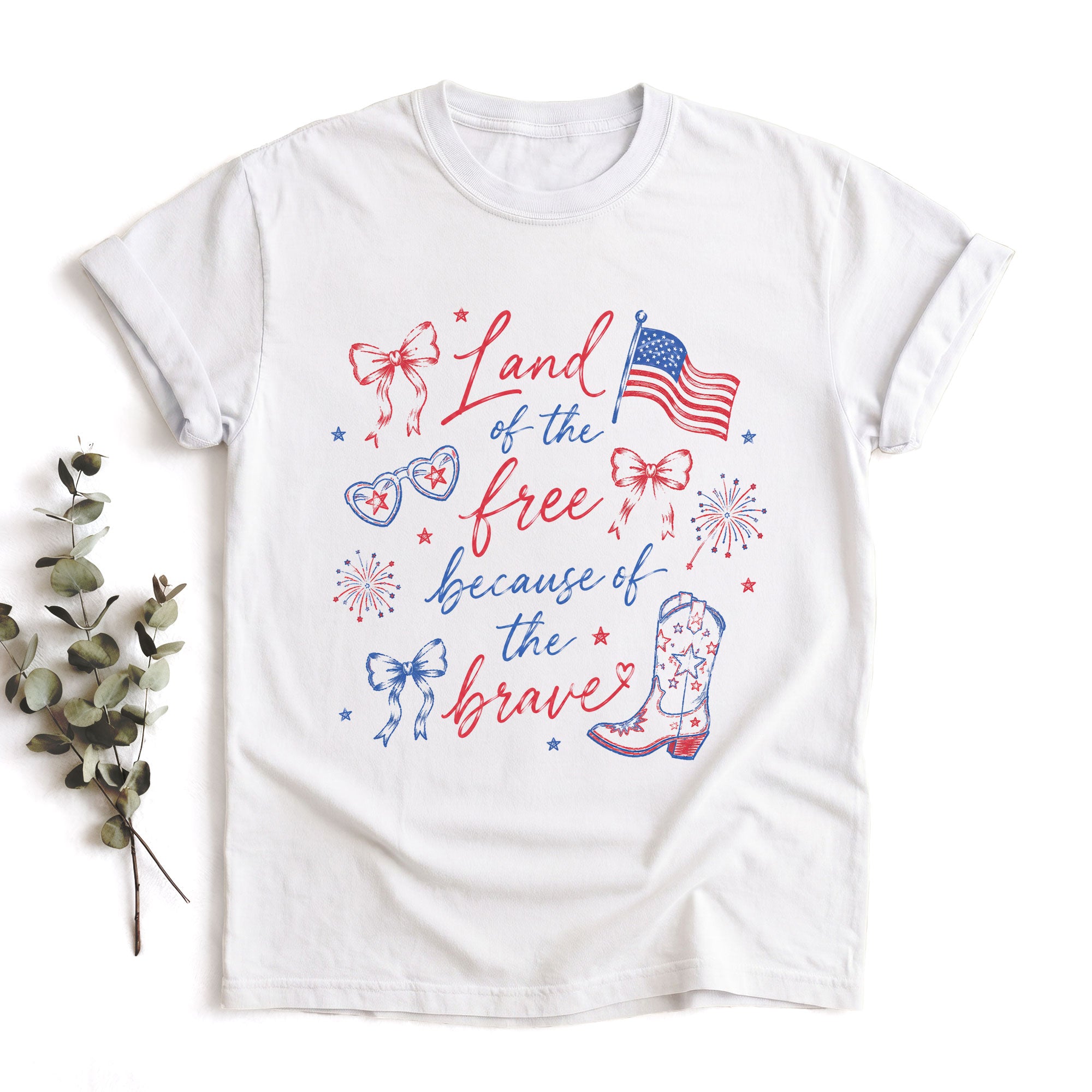 Land Of The Free Because Of The Brave T-Shirt Patriotic Cowgirl Boots Graphic Tee