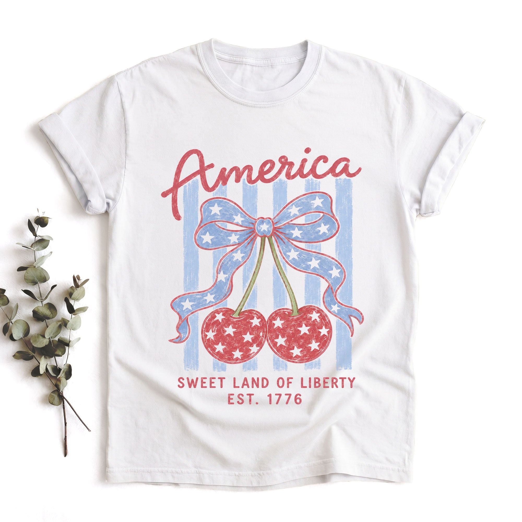 America Sweet Land Of Liberty T-Shirt Vintage Patriotic Cherry Stars Bow Graphic Tee