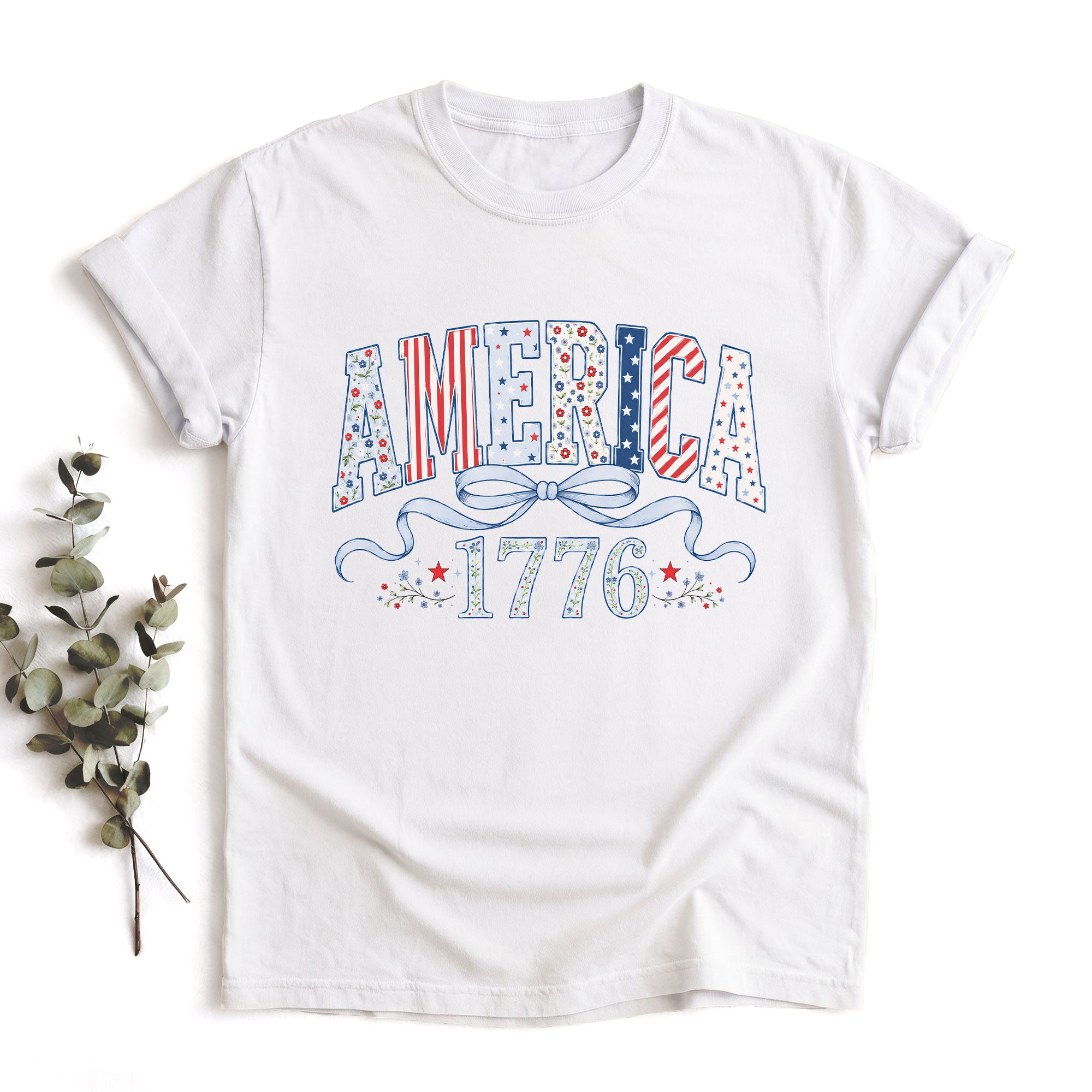 America 1776 Floral T-Shirt Vintage Patriotic Coquette Bow Stars Graphic Tee