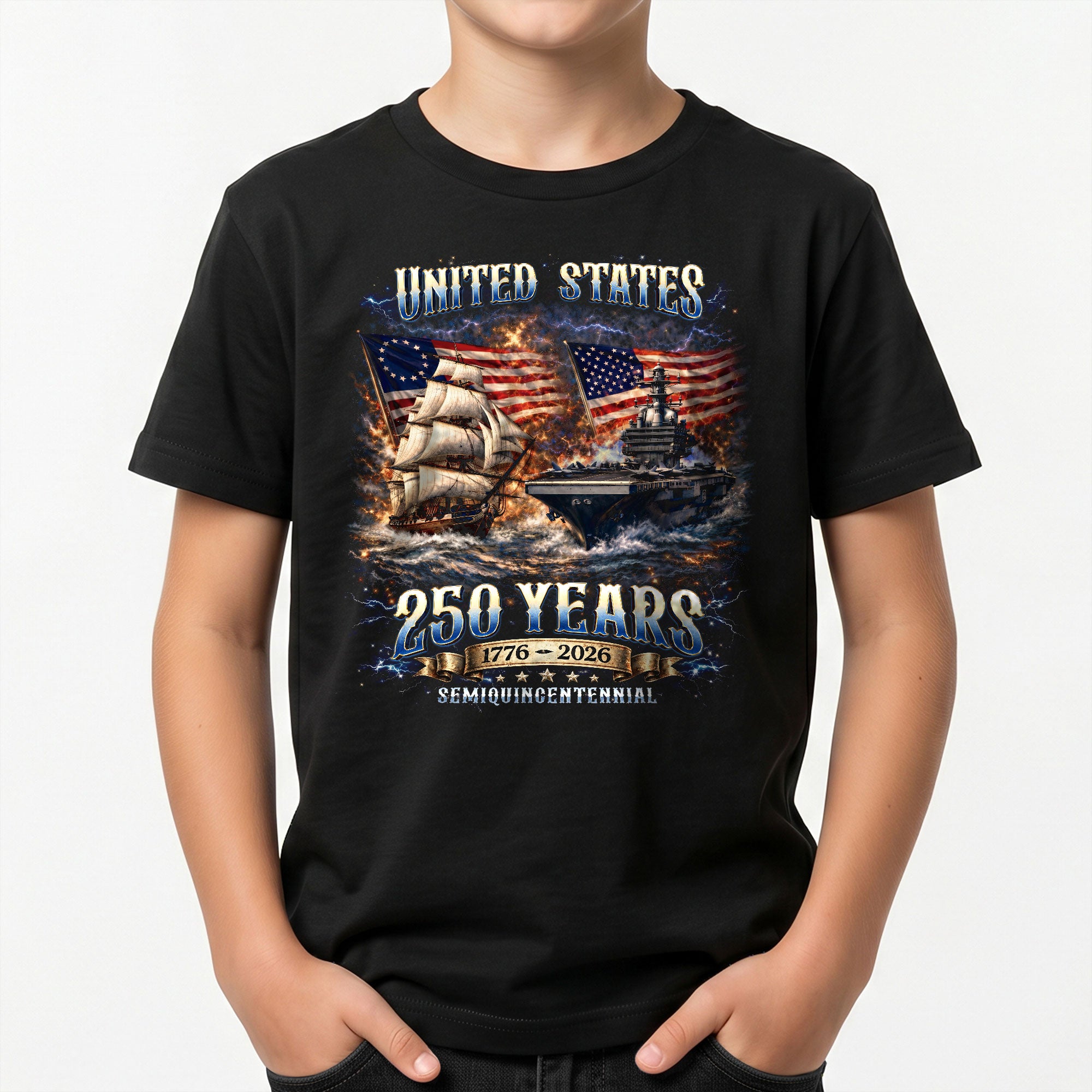 Kids United States 250 Years T-Shirt Patriotic Ship & Navy Heritage Tee 1776–2026