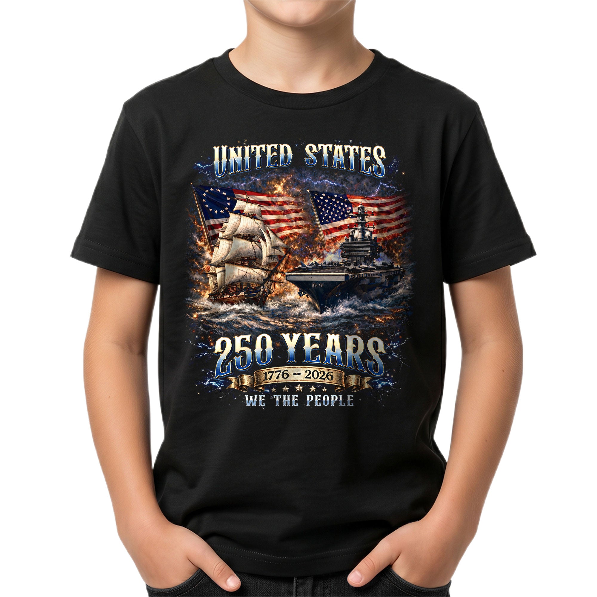 Kids United States 250 Years T-Shirt Patriotic Ship & Navy Heritage Tee 1776–2026