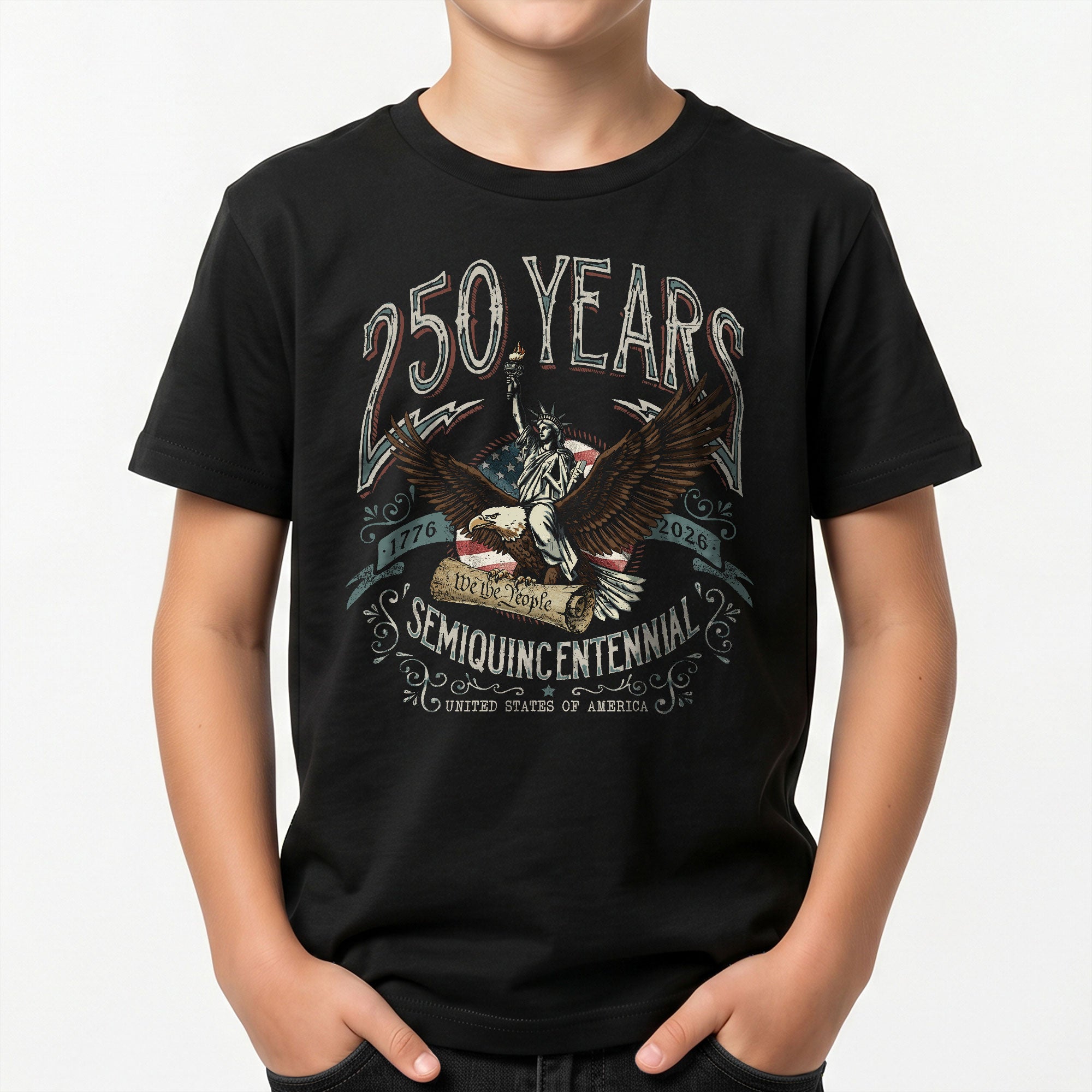 Kids 250 Years T-Shirt We The People Eagle Liberty Patriotic USA Tee 1776–2026