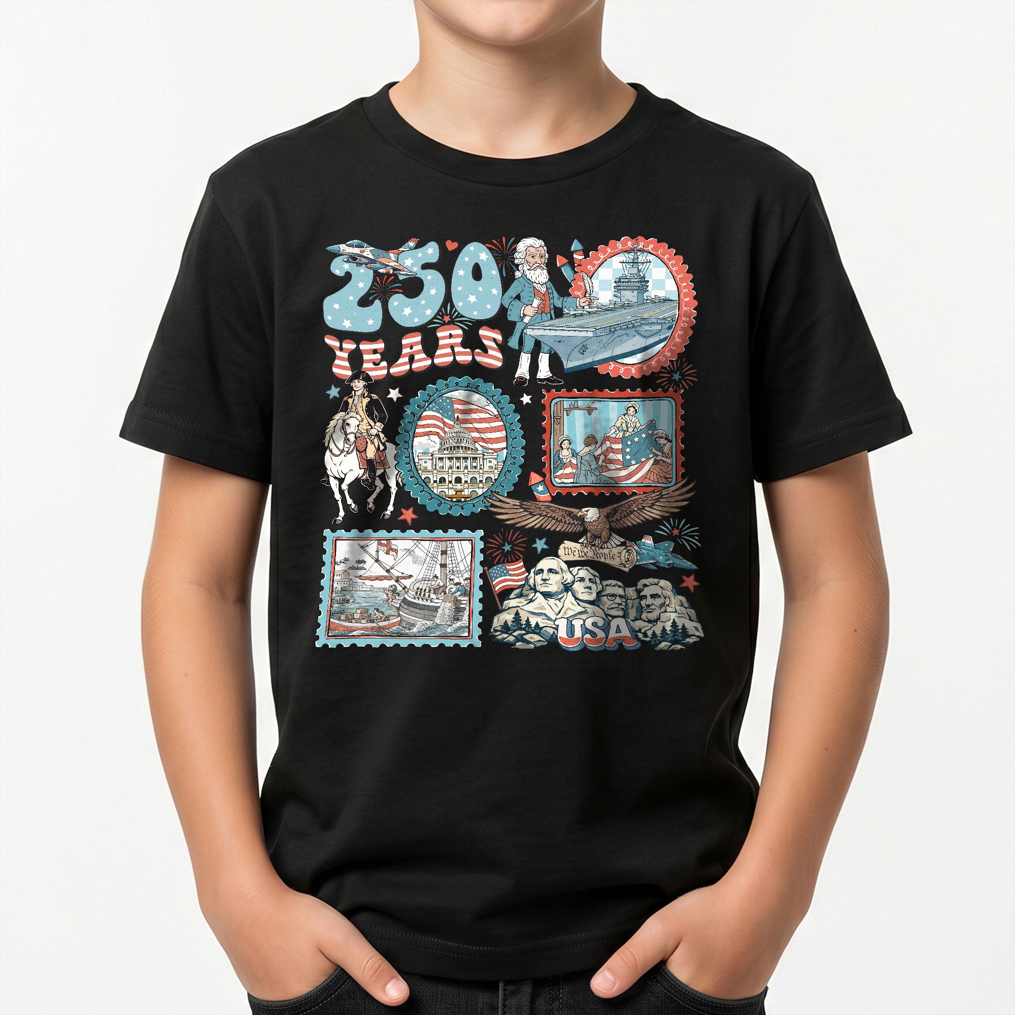 Kids T Shirt 1776-2026 Patriotic 250 Years History Mount Rushmore Independence Day Tee