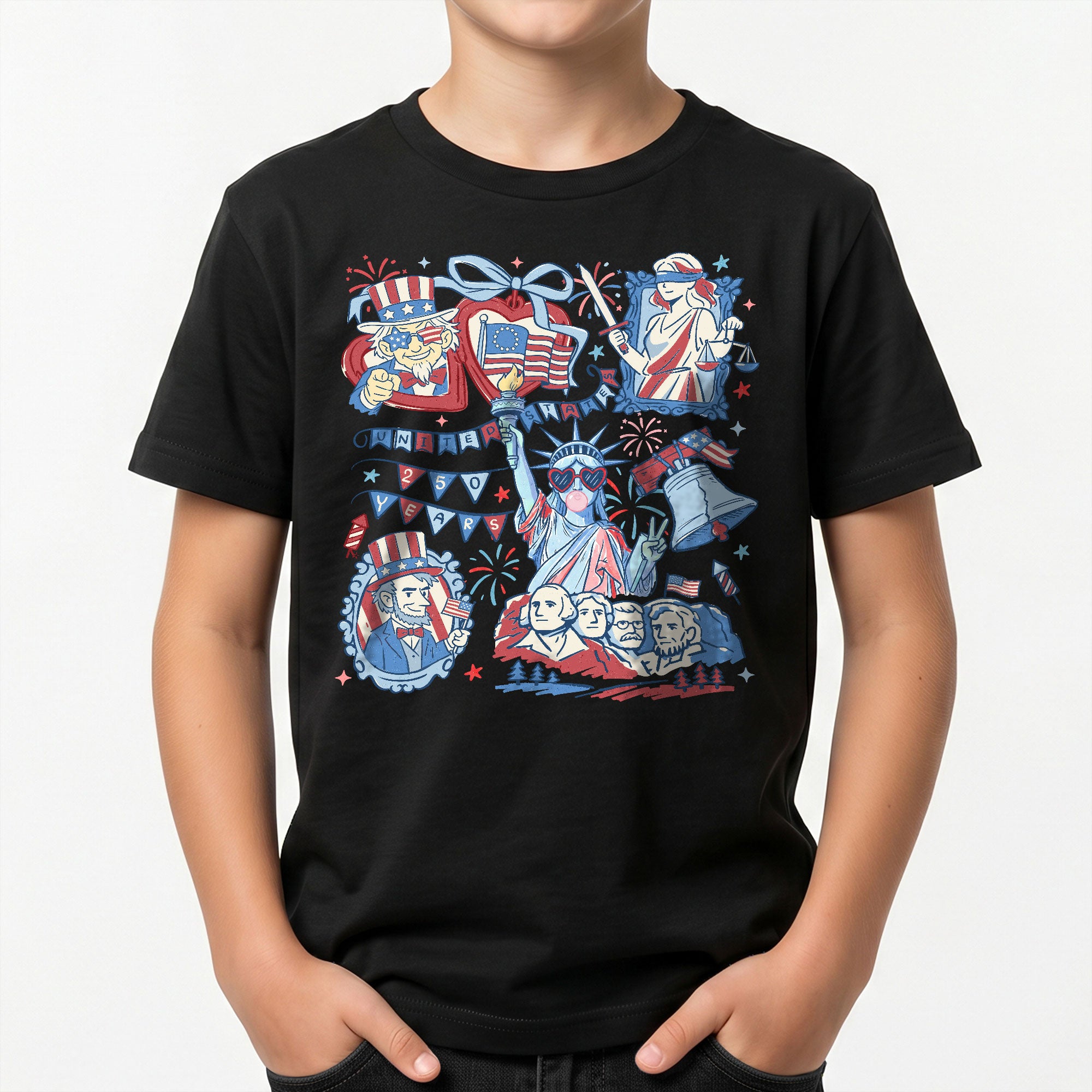 Kids Shirt 1776-2026 250th Anniversary Patriotic United States Mount Rushmore Doodle Tee