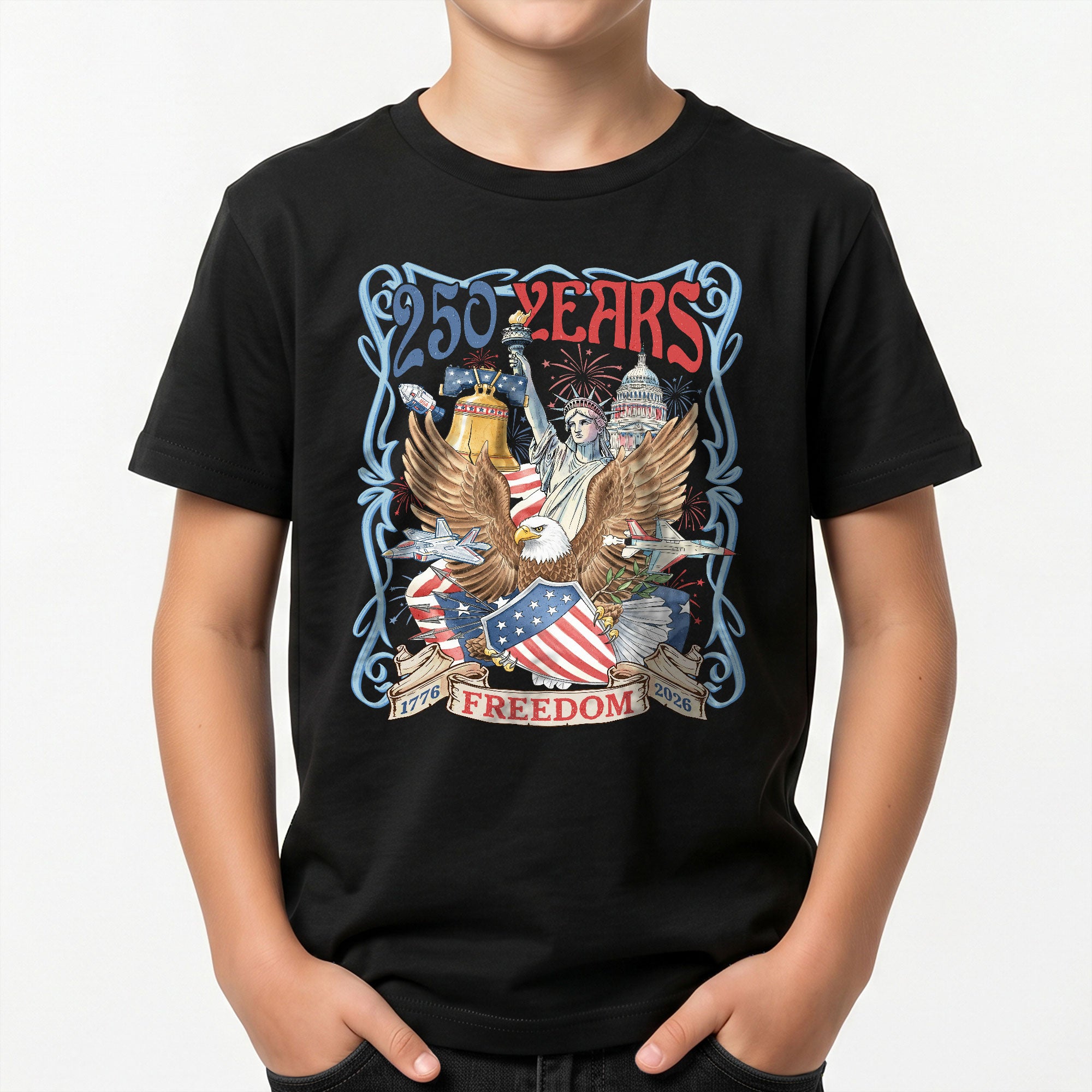 Kids T Shirt 1776-2026 Patriotic 250 Years Freedom Eagle Shield Independence Day Tee