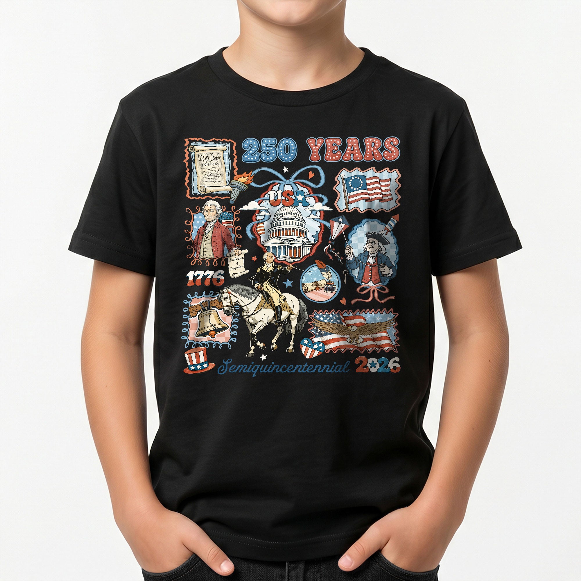 Kids T Shirt Patriotic 1776-2026 250 Years History US Capitol Independence Day Tee
