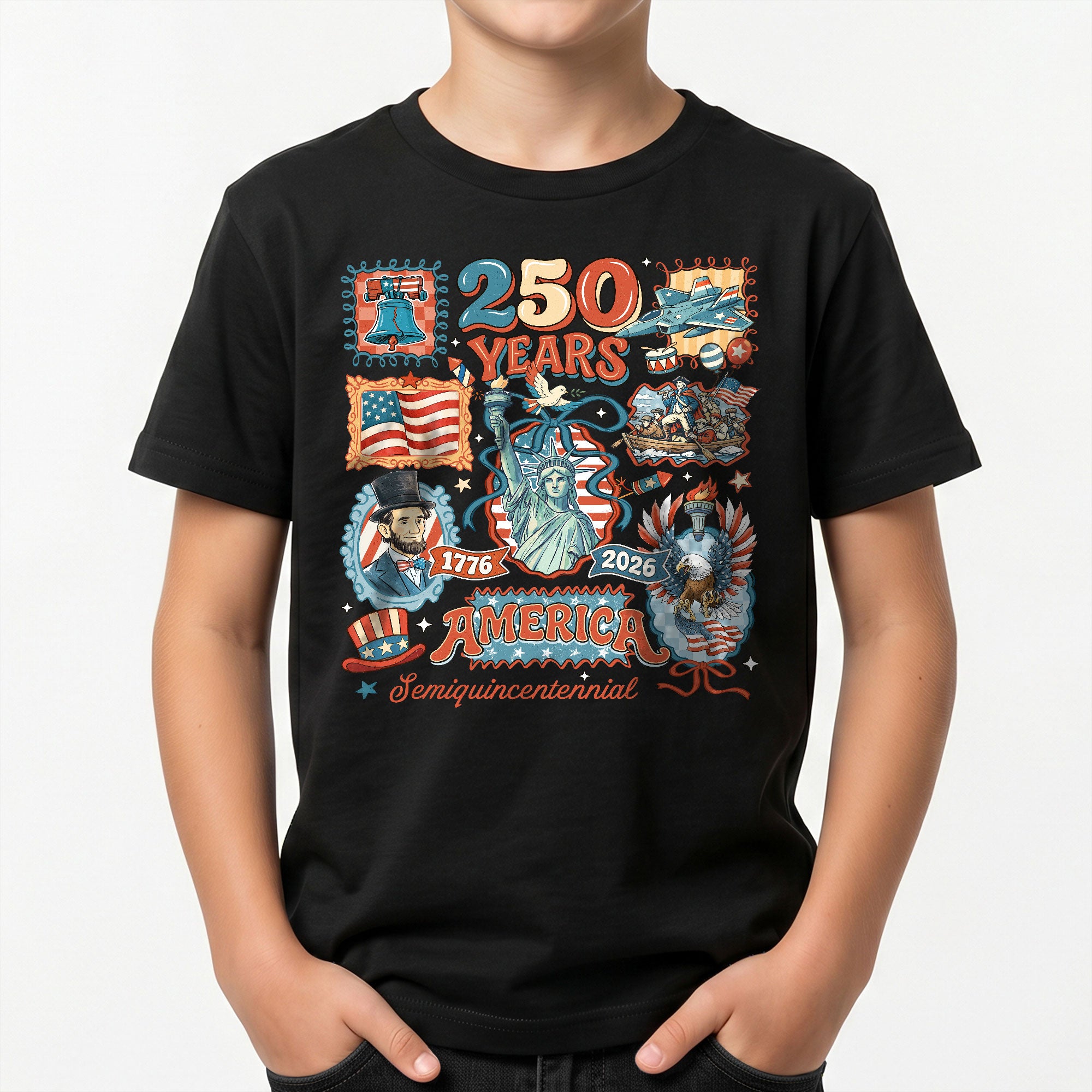 Kids T Shirt Patriotic 250 Years Eagle US Flag History 1776-2026 Independence Day Tee