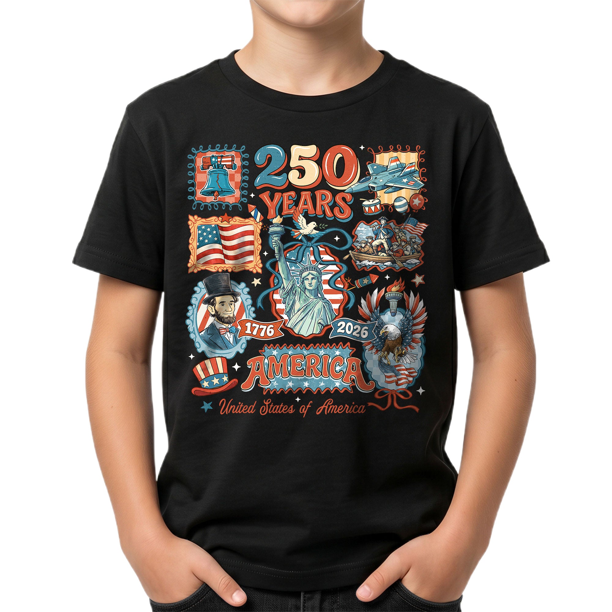 Kids T Shirt Patriotic 250 Years Eagle US Flag History 1776-2026 Independence Day Tee