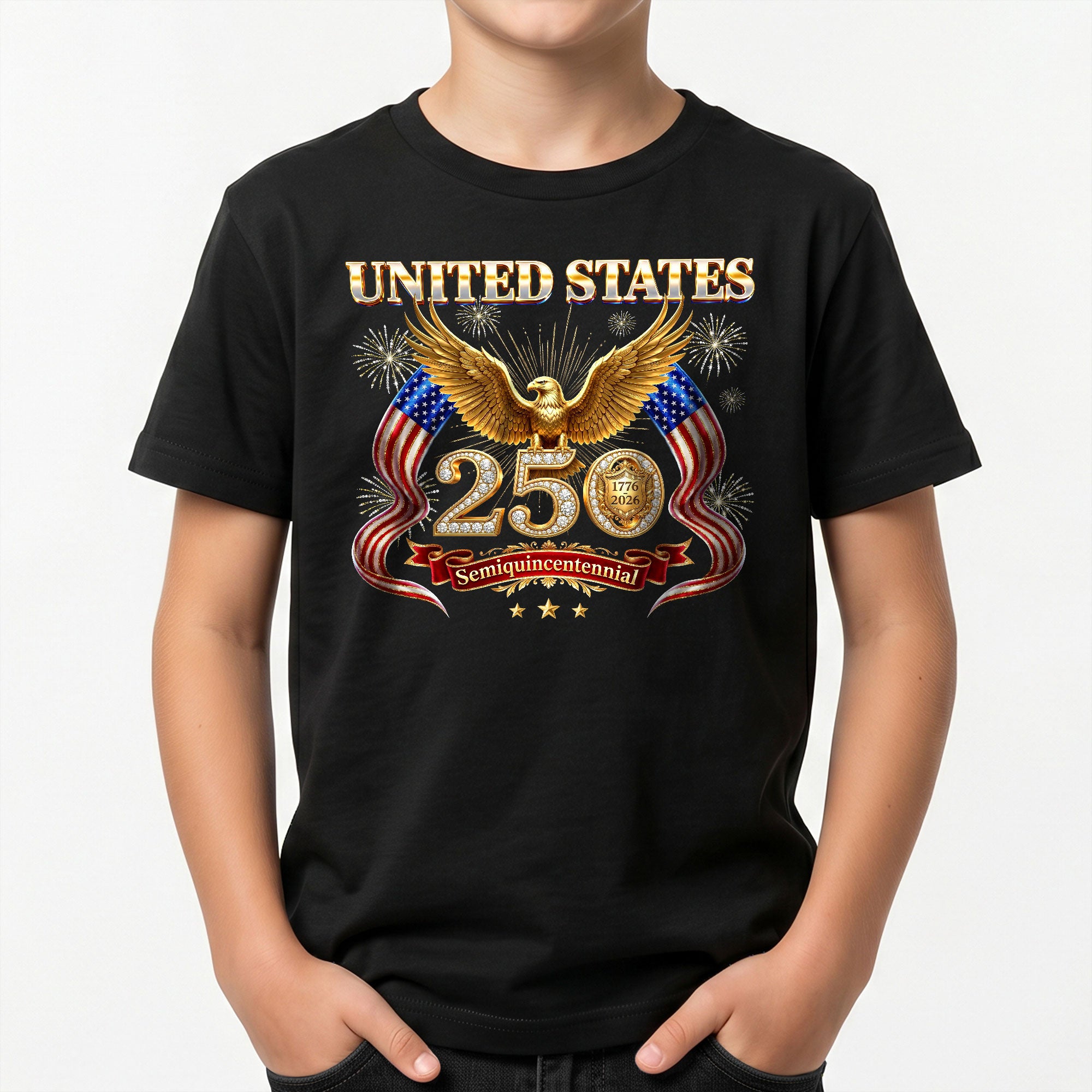 250 Years Kids T-Shirt Patriotic Golden Eagle Fireworks American Flag 1776-2026 Youth