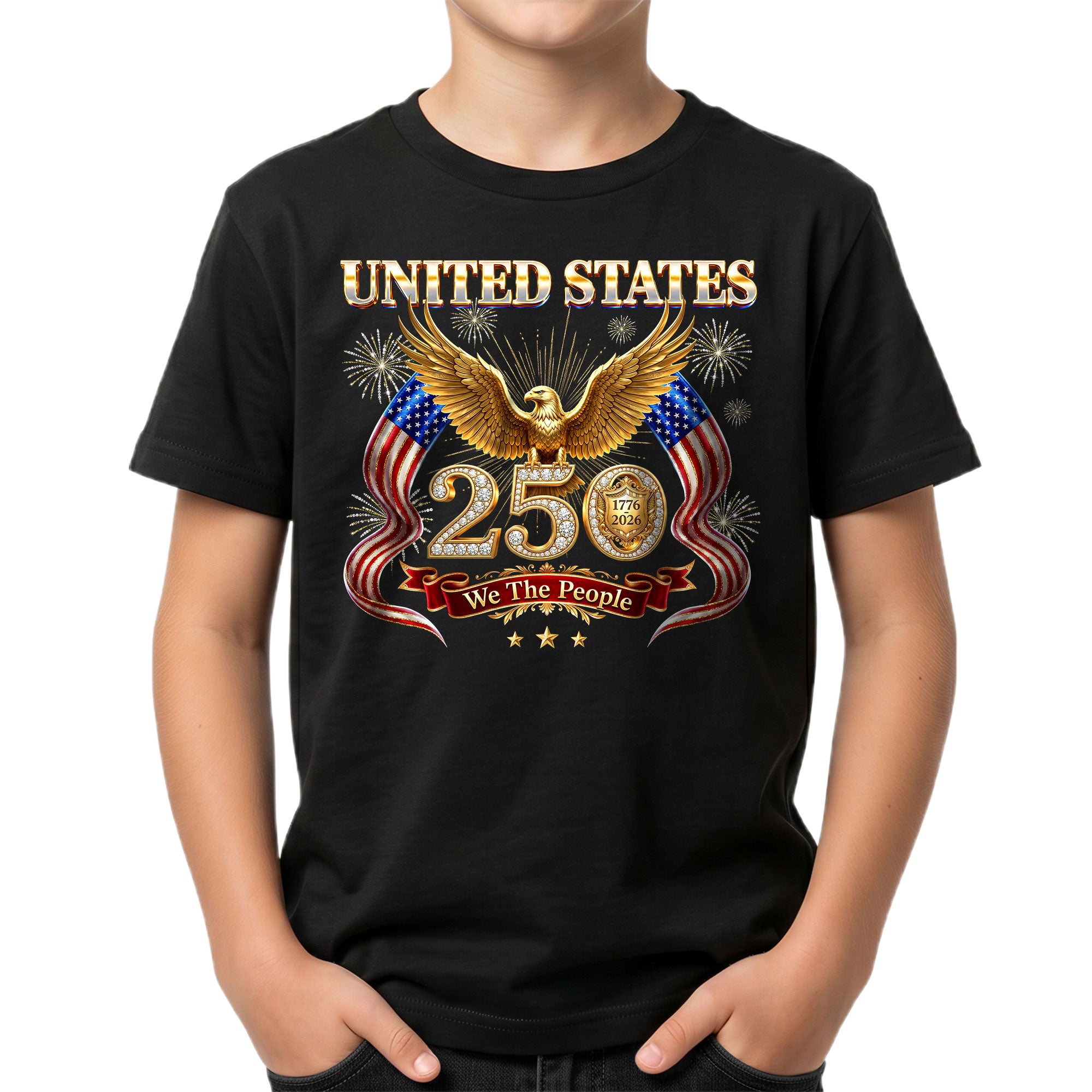 250 Years Kids T-Shirt Patriotic Golden Eagle Fireworks American Flag 1776-2026 Youth