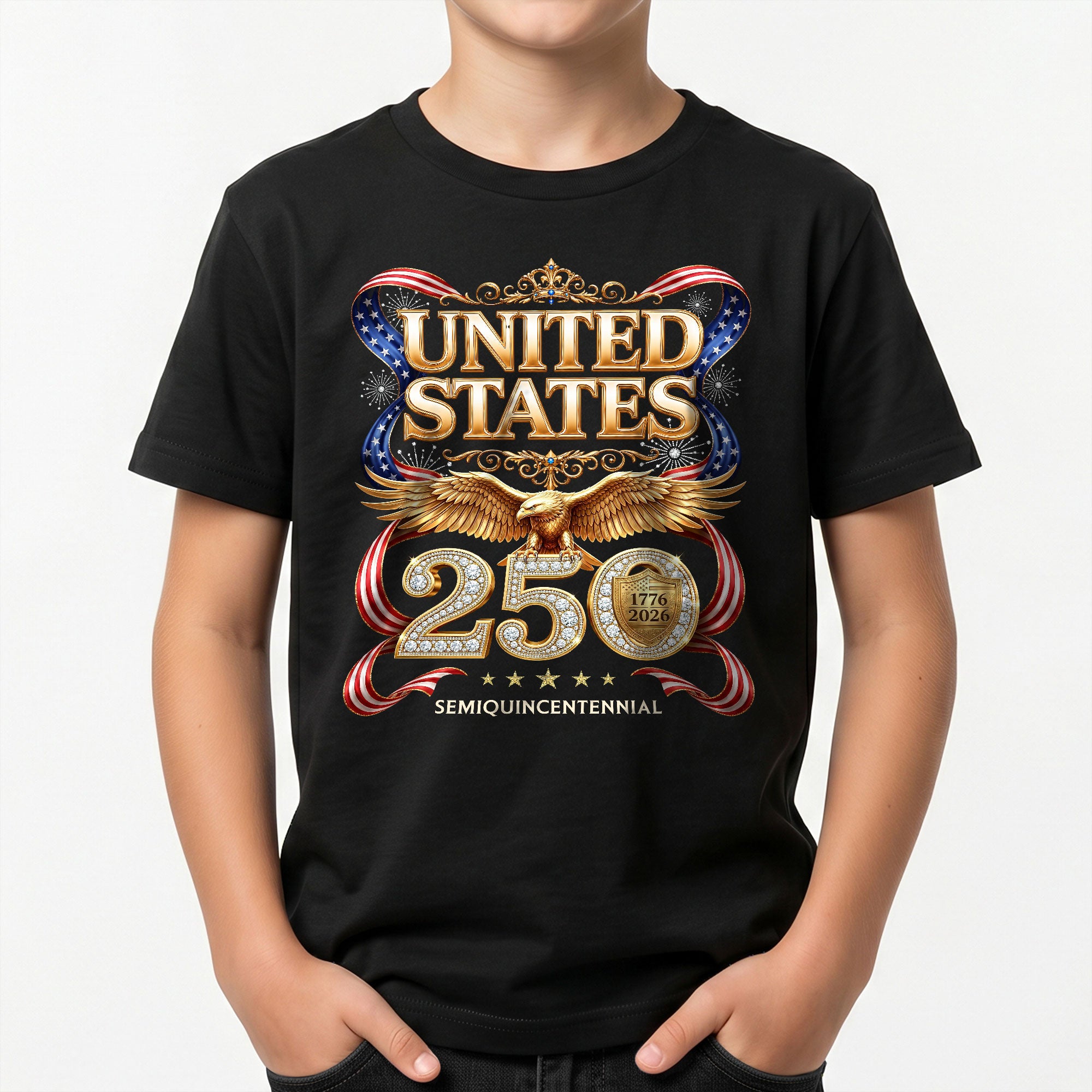 250 Years Kids T-Shirt Patriotic Golden Eagle United States American Flag Youth