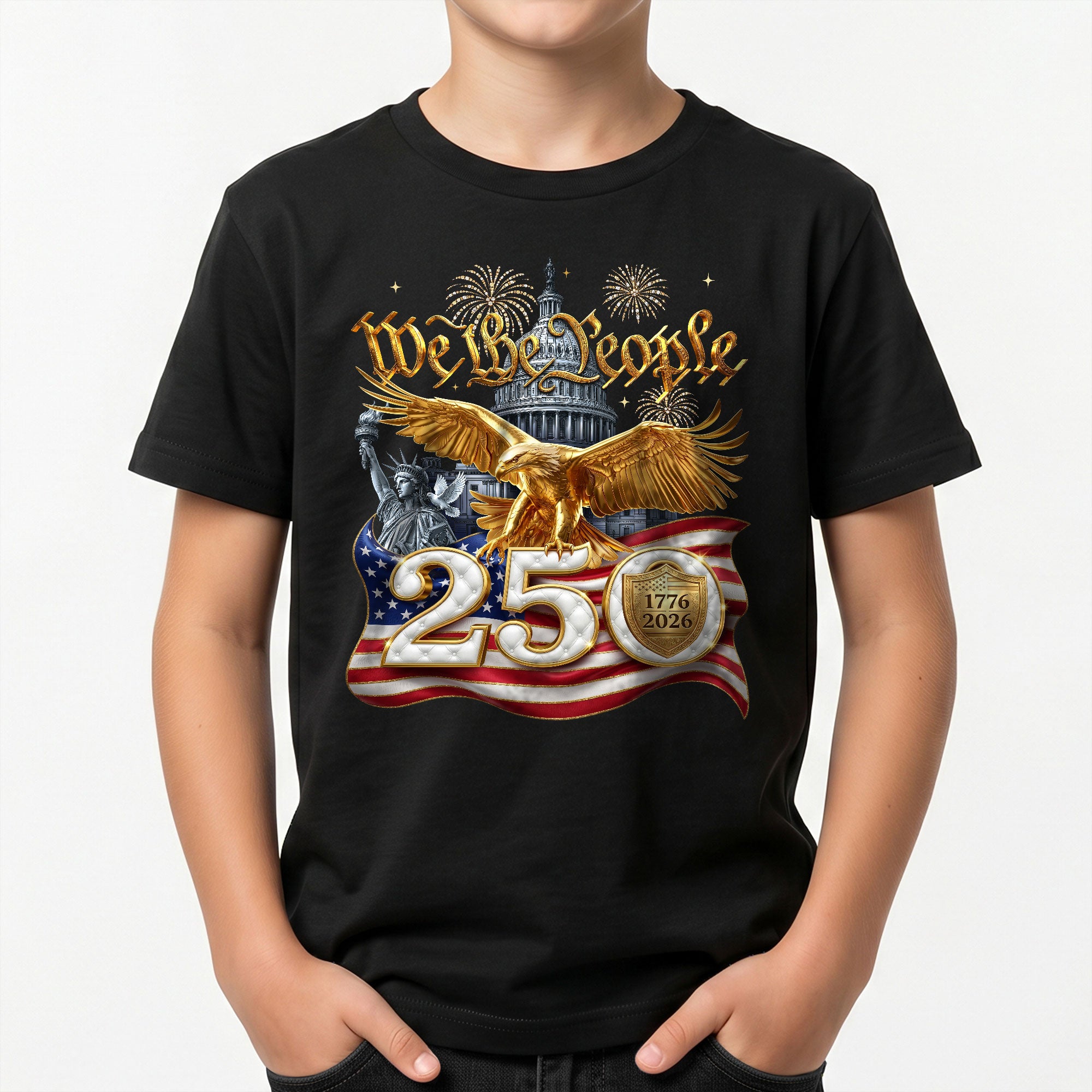 250 Years Kids T-Shirt We The People Patriotic Golden Eagle American Flag Youth Tee