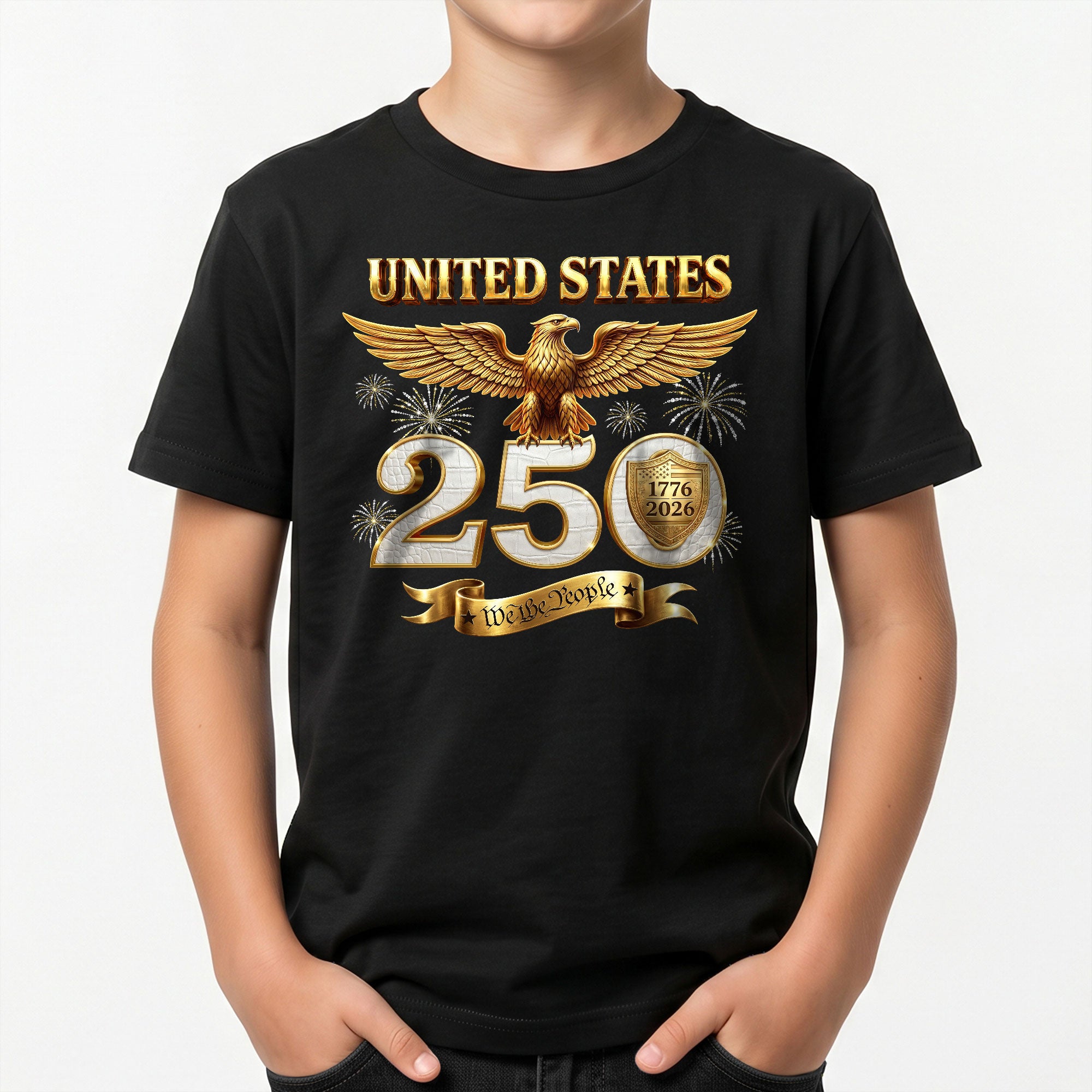250 Years Kids T-Shirt We The People Patriotic Eagle Gold Shield 1776-2026 Youth Tee