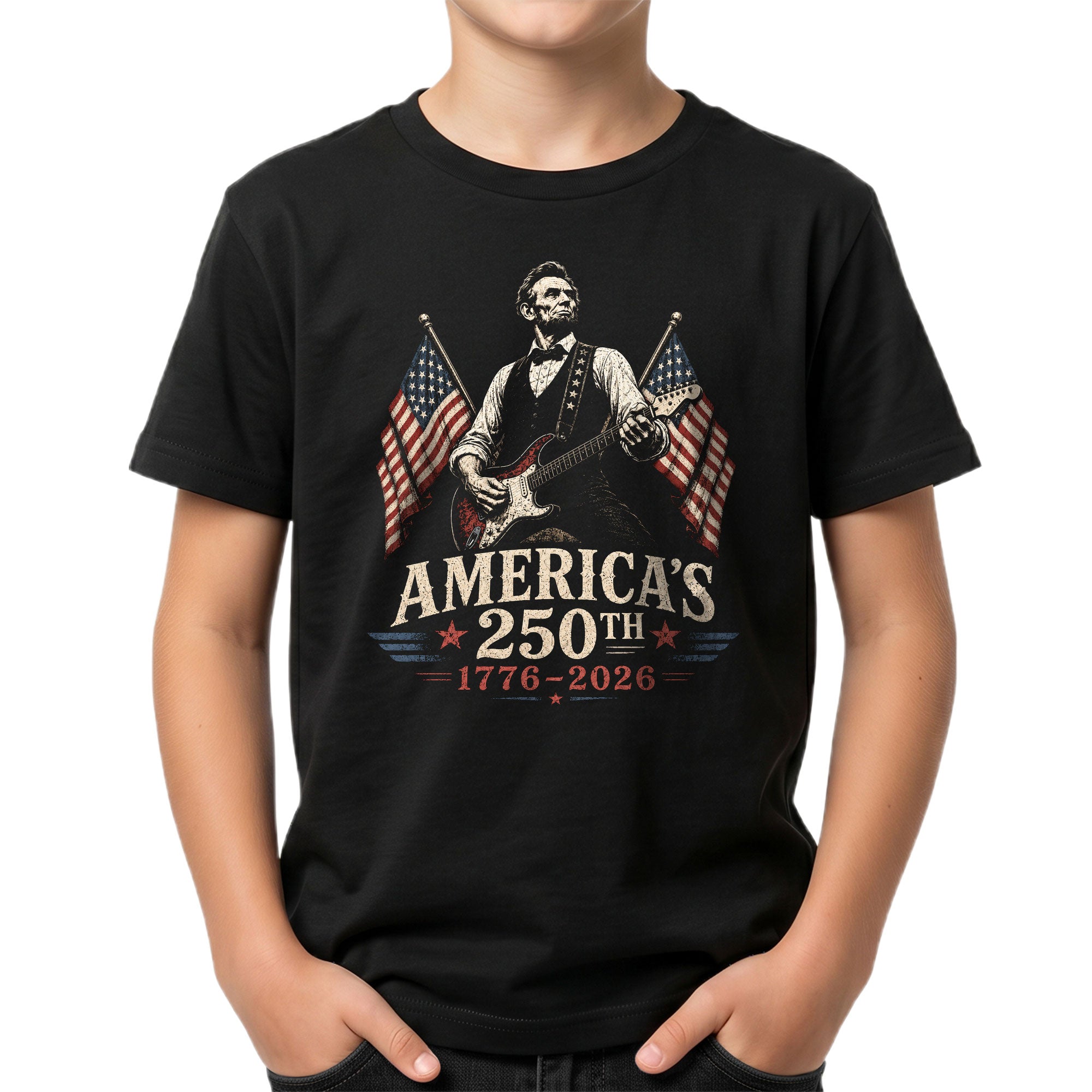250th Patriotic Kids T Shirt Retro Abraham Lincoln Playing Guitar Flag Tee