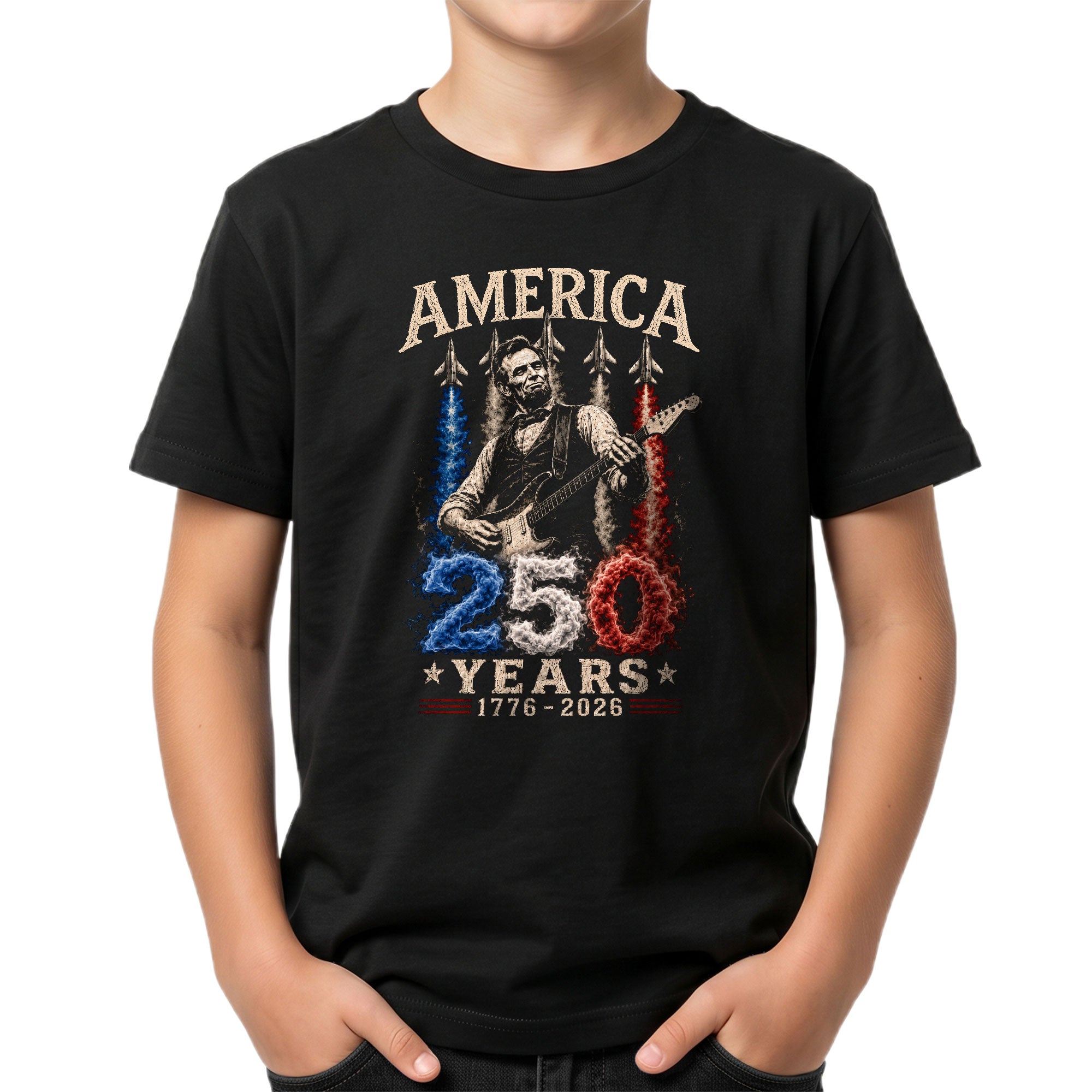 Kids 250 Years Celebration Shirt Vintage Abraham Lincoln Rocker Jet Graphic Tee
