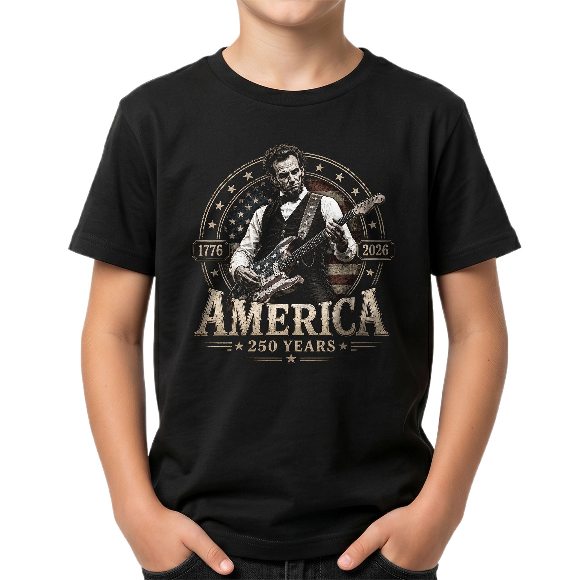 Kids 250 Years Celebration Shirt Retro Round Flag Graphic Abraham Lincoln Rocker Tee