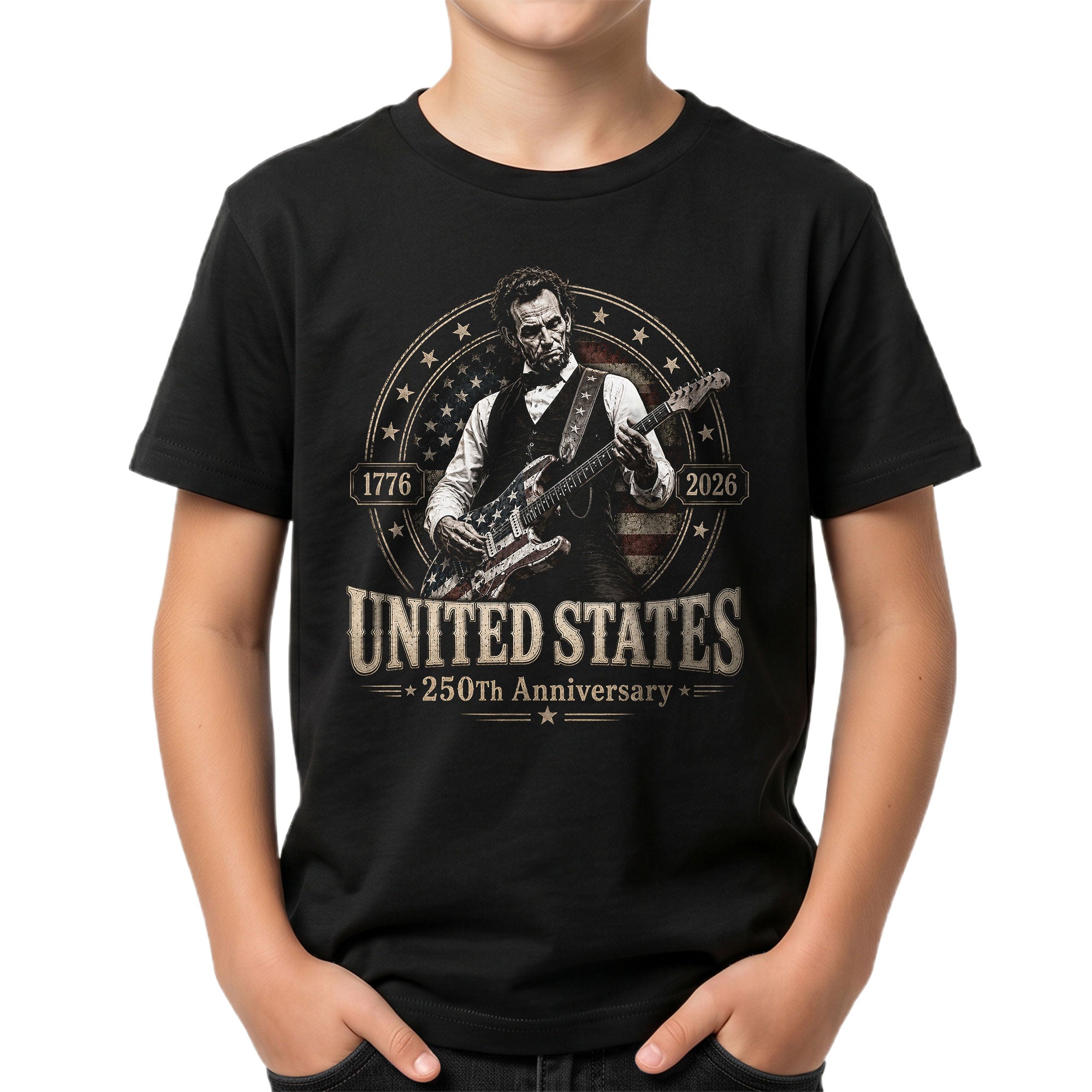 Kids 250 Years Celebration Shirt Retro Round Flag Graphic Abraham Lincoln Rocker Tee