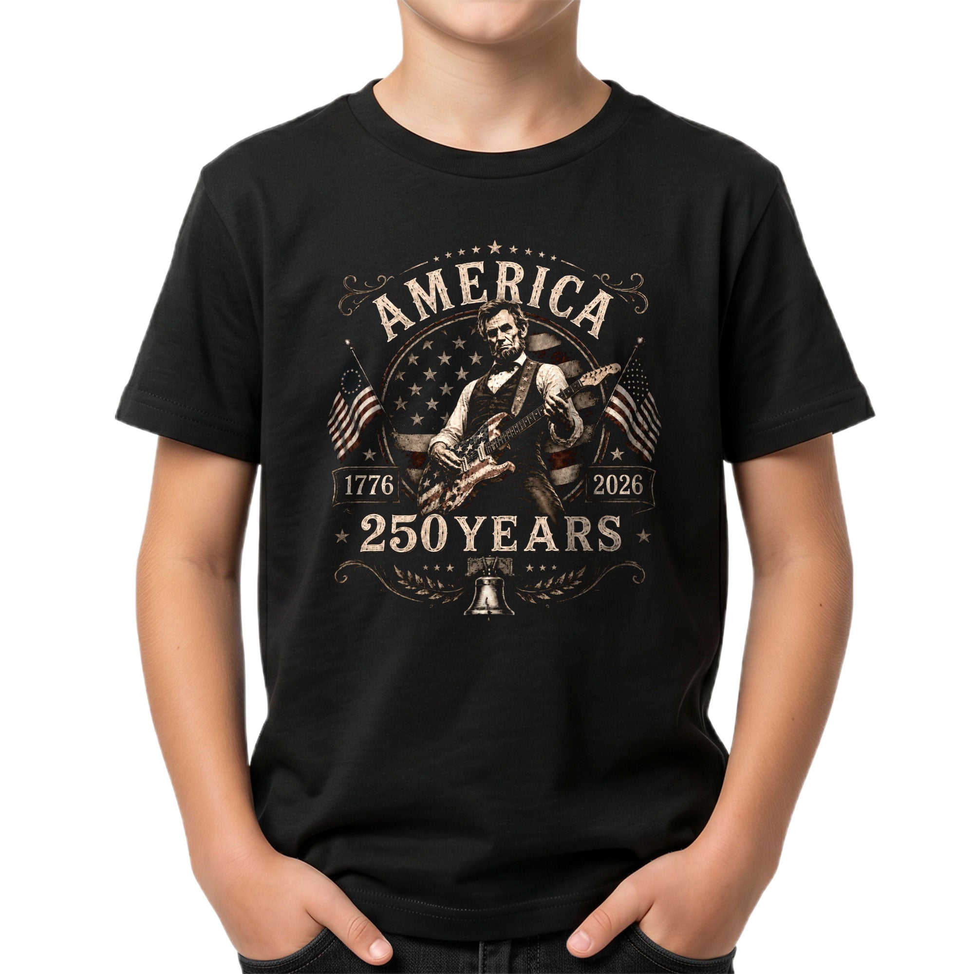 Kids 250 Years Celebration Shirt Retro Round Flag Graphic Lincoln Rocker Girls Tee