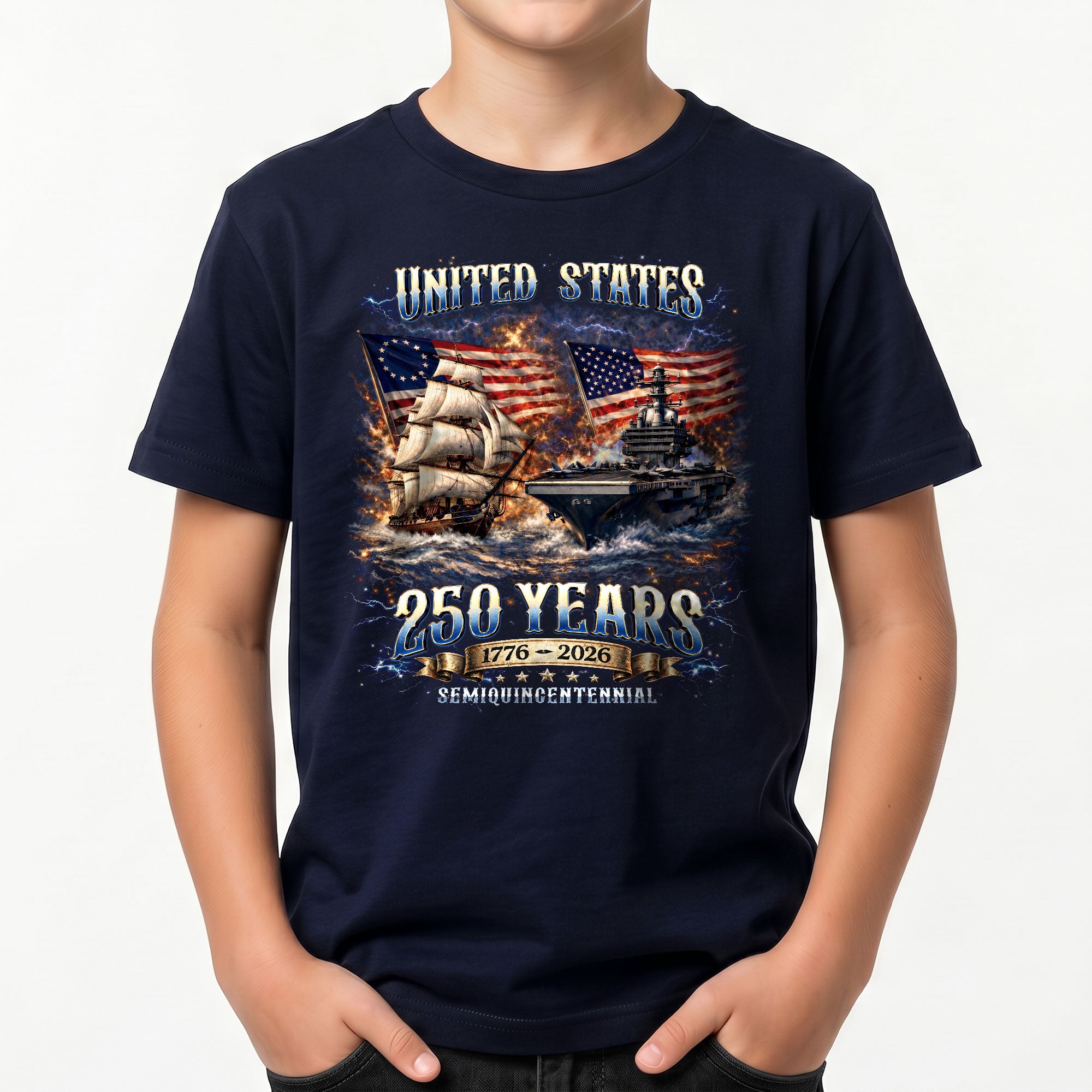 Kids United States 250 Years T-Shirt Patriotic Ship & Navy Heritage Tee 1776–2026