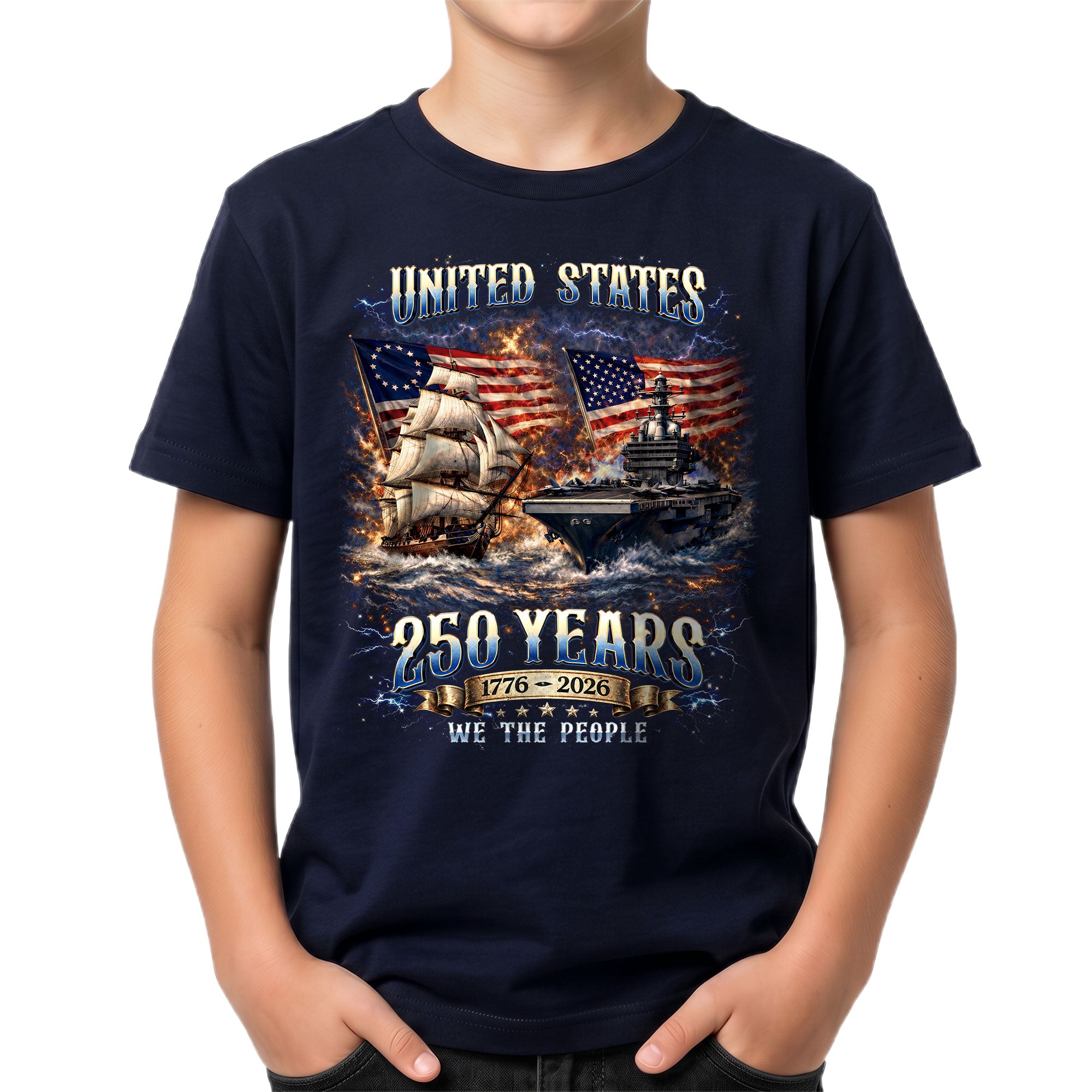 Kids United States 250 Years T-Shirt Patriotic Ship & Navy Heritage Tee 1776–2026