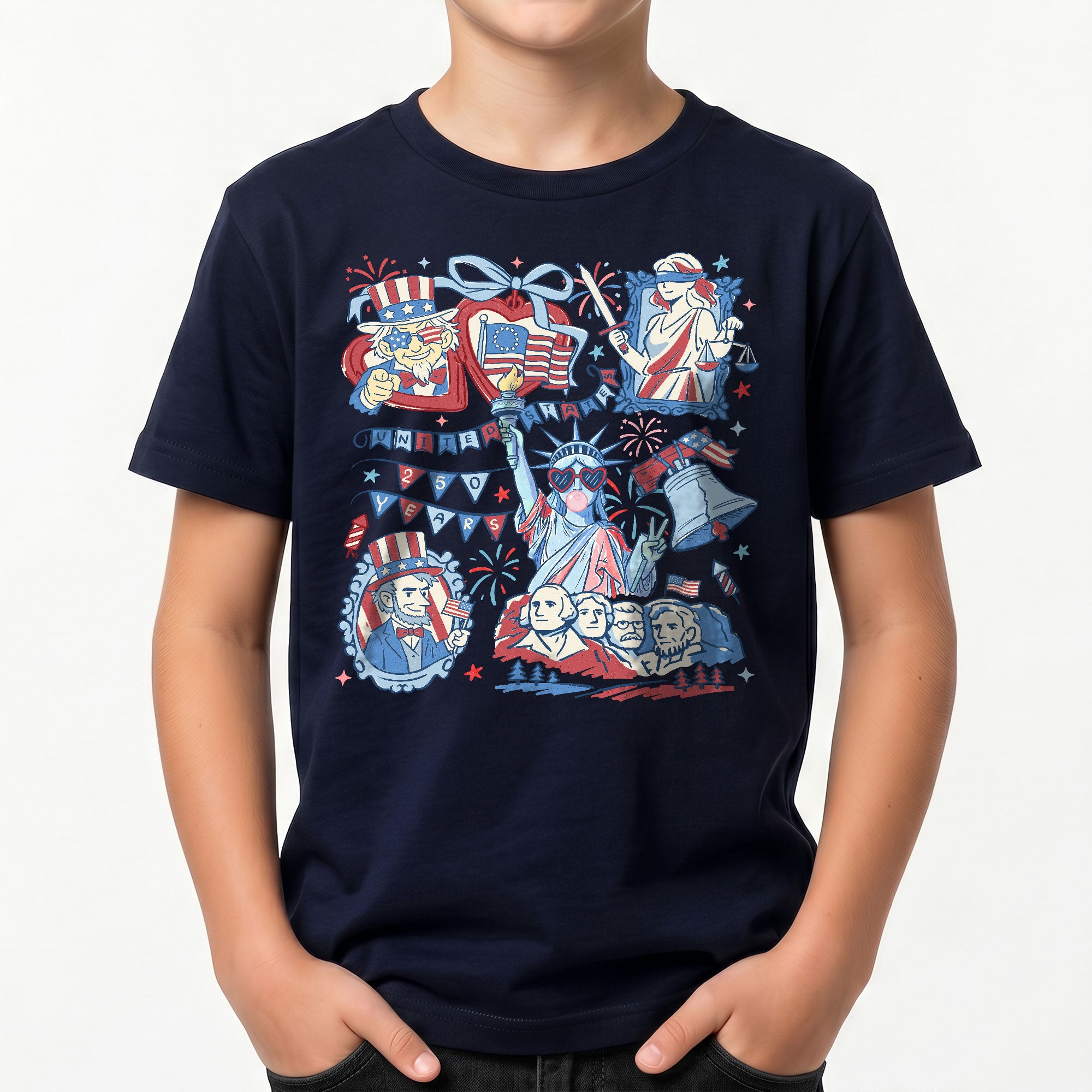 Kids Shirt 1776-2026 250th Anniversary Patriotic United States Mount Rushmore Doodle Tee
