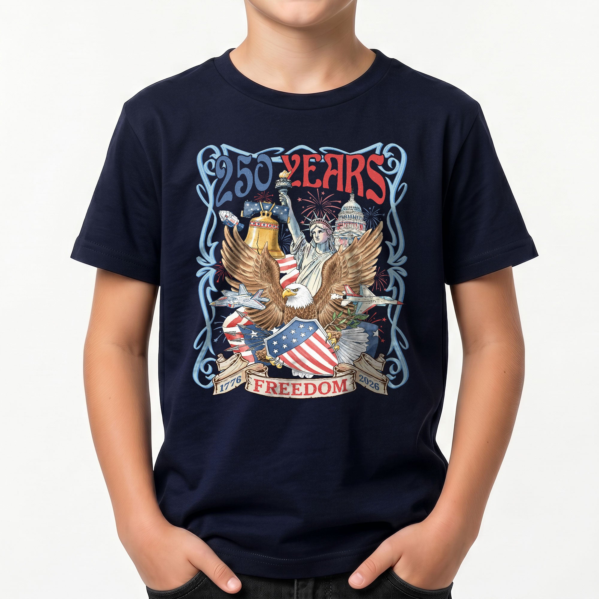Kids T Shirt 1776-2026 Patriotic 250 Years Freedom Eagle Shield Independence Day Tee