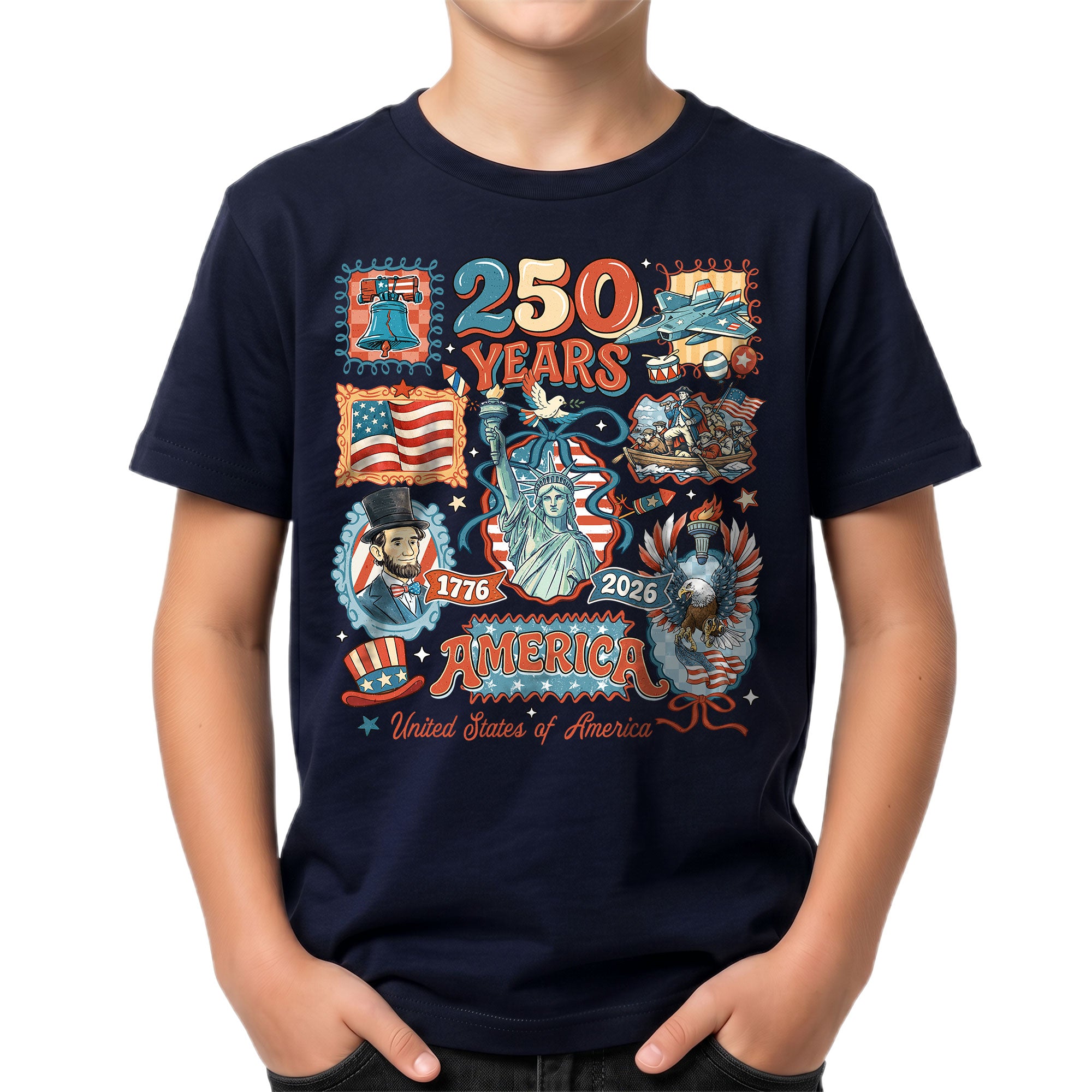 Kids T Shirt Patriotic 250 Years Eagle US Flag History 1776-2026 Independence Day Tee