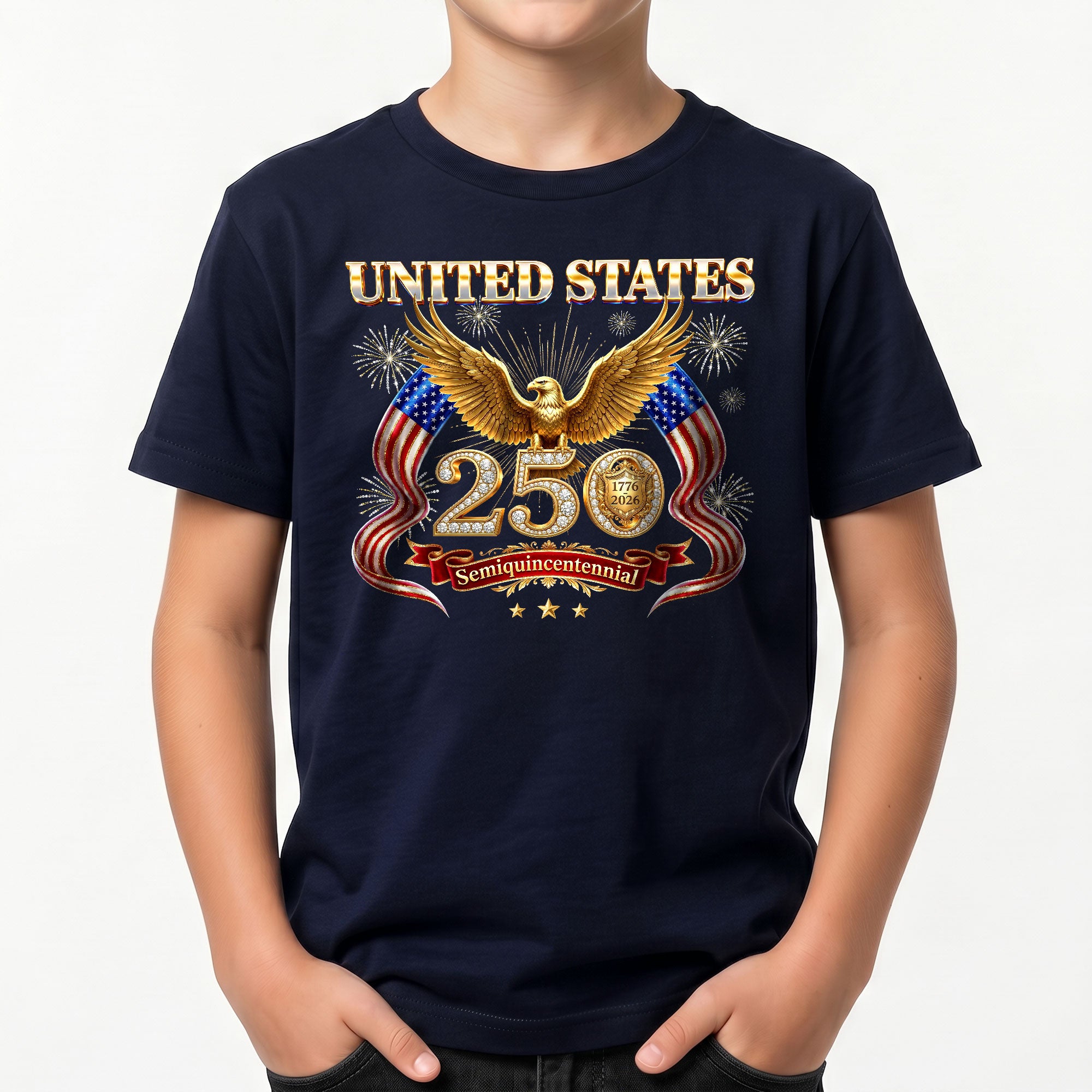 250 Years Kids T-Shirt Patriotic Golden Eagle Fireworks American Flag 1776-2026 Youth