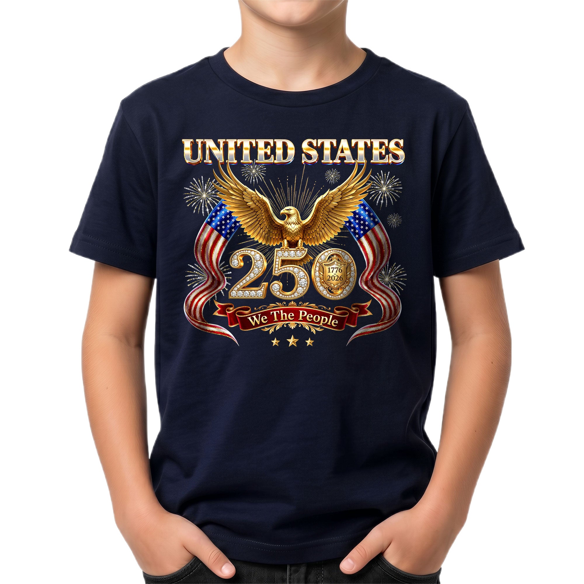 250 Years Kids T-Shirt Patriotic Golden Eagle Fireworks American Flag 1776-2026 Youth