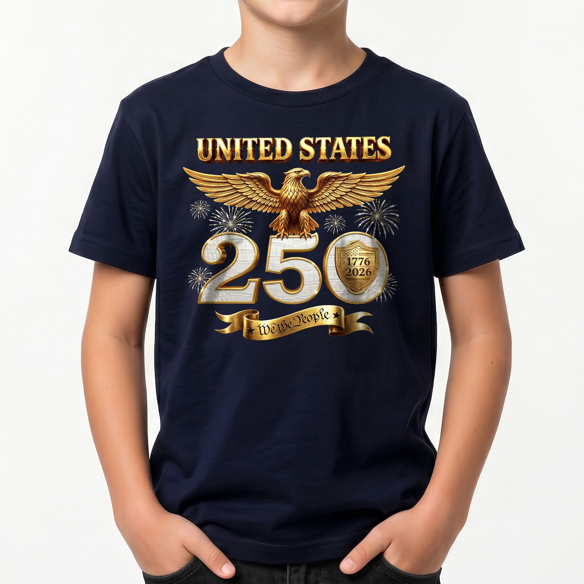250 Years Kids T-Shirt We The People Patriotic Eagle Gold Shield 1776-2026 Youth Tee