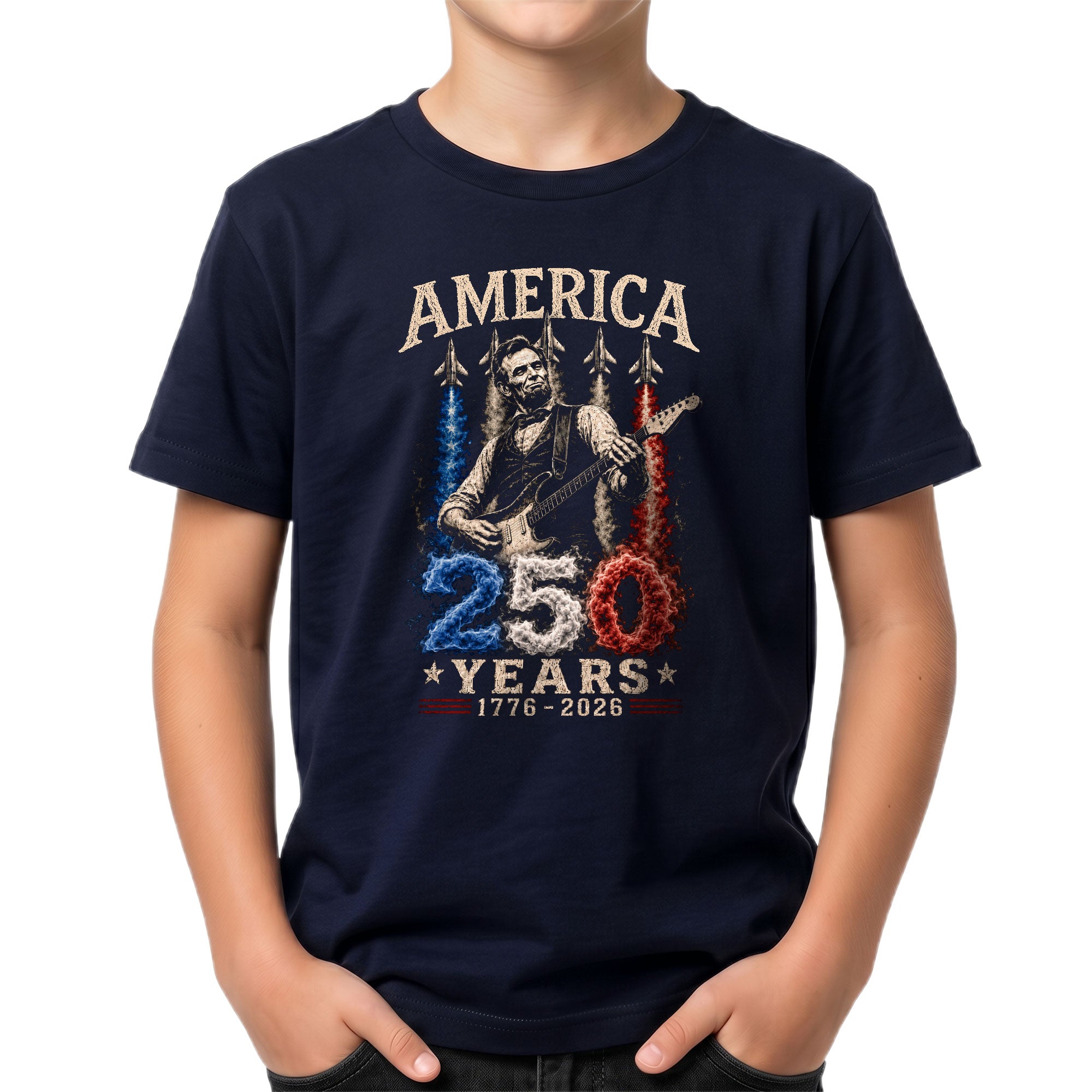 Kids 250 Years Celebration Shirt Vintage Abraham Lincoln Rocker Jet Graphic Tee