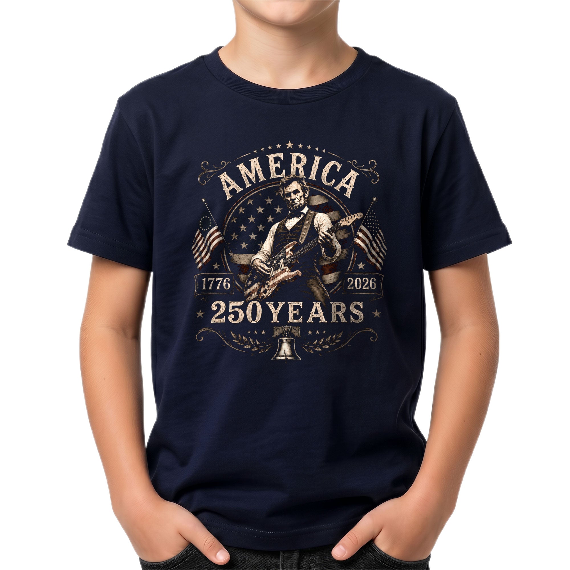 Kids 250 Years Celebration Shirt Retro Round Flag Graphic Lincoln Rocker Girls Tee