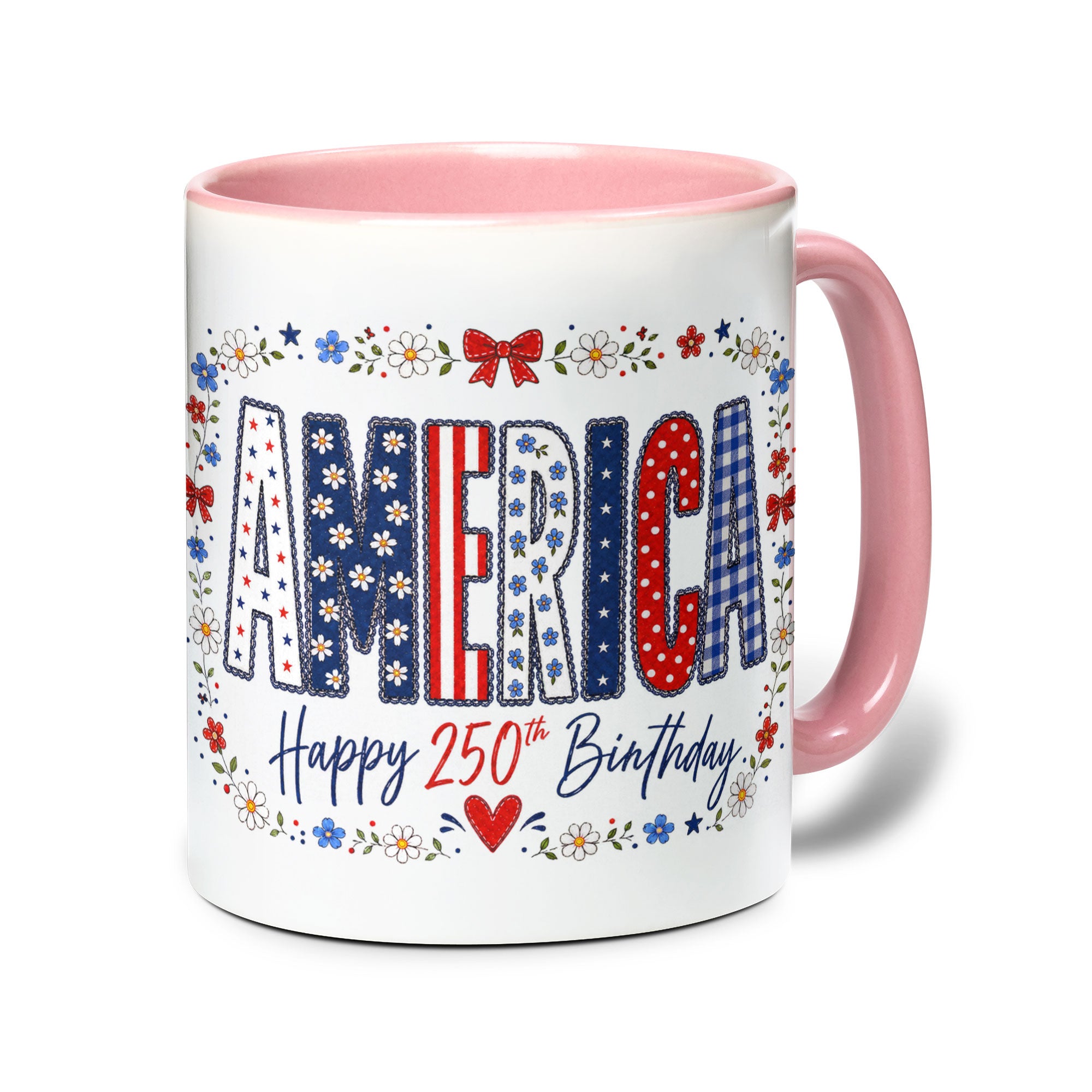 Cute America Floral Mug - Happy 250th Birthday Patriotic US Coquette Bow Ceramic Cup