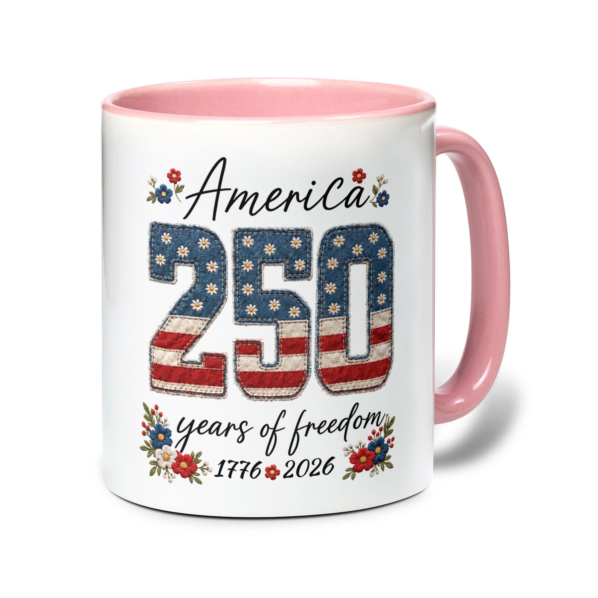 Cute America 250 Years Mug - Patriotic Floral US Anniversary Rim Ceramic Cup