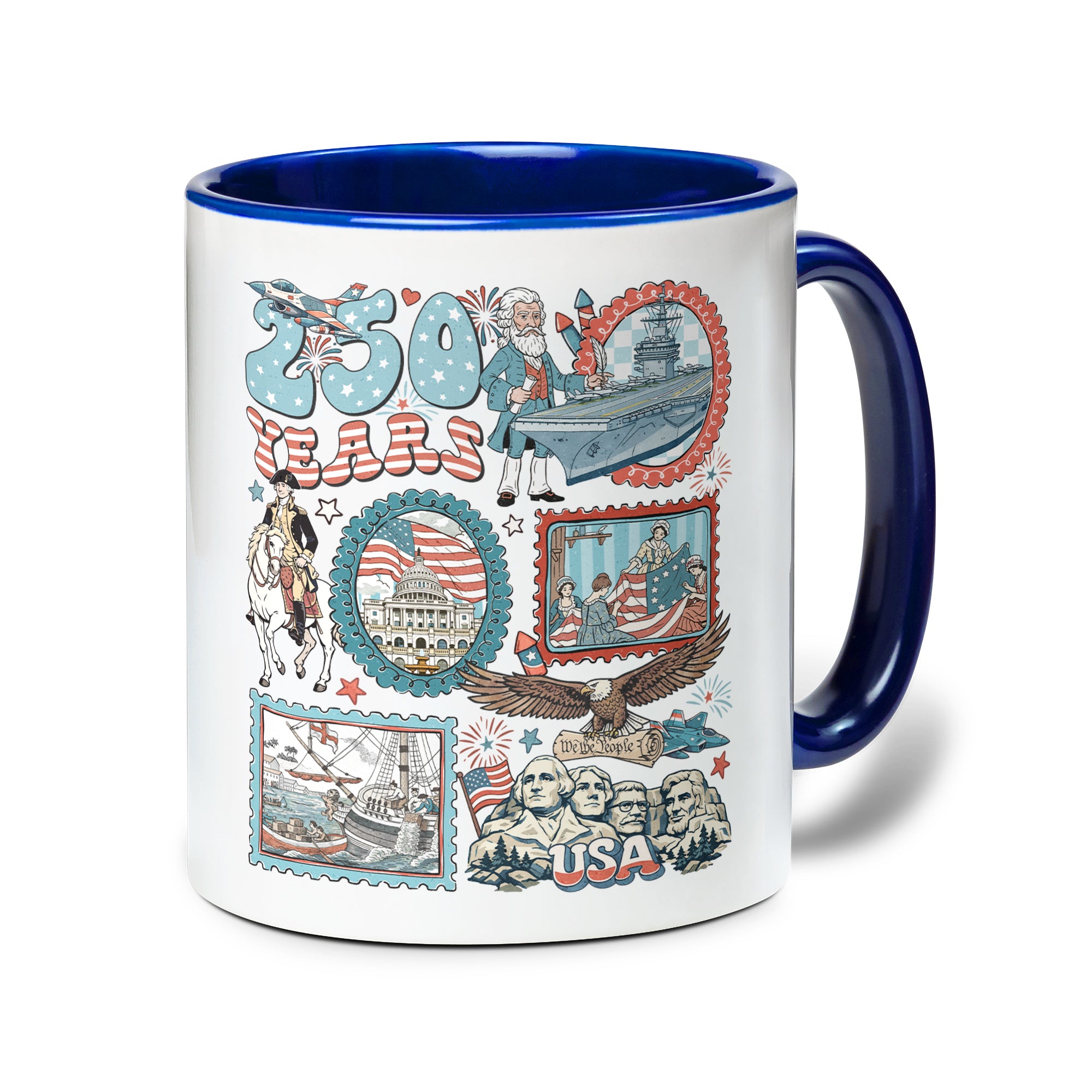250 Years Patriotic Doodle Accent Mug - Vintage American History Icons Gift Cup
