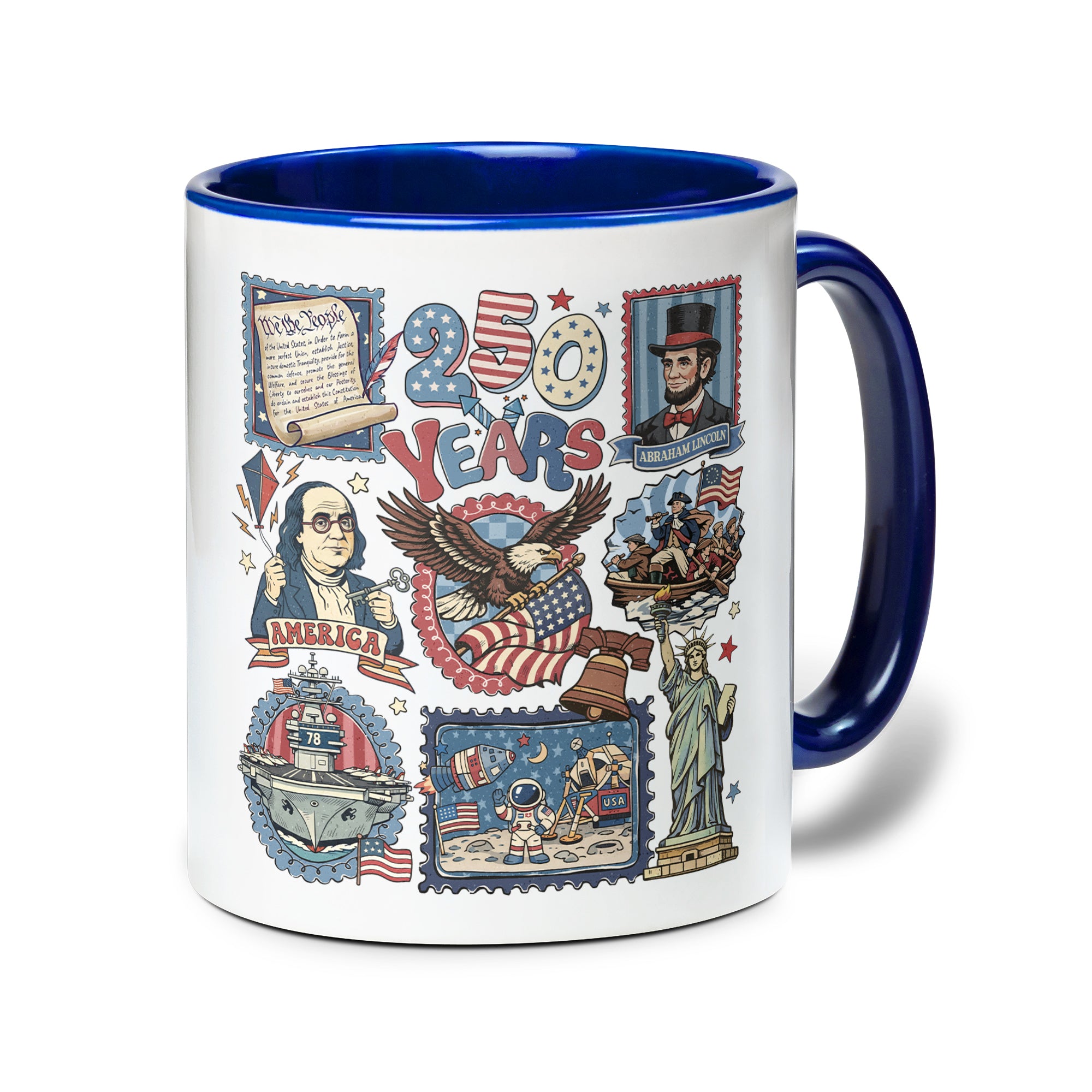250 Years Patriotic Liberty Accent Mug - Historical Doodle Stamps American Eagle Gift Cup