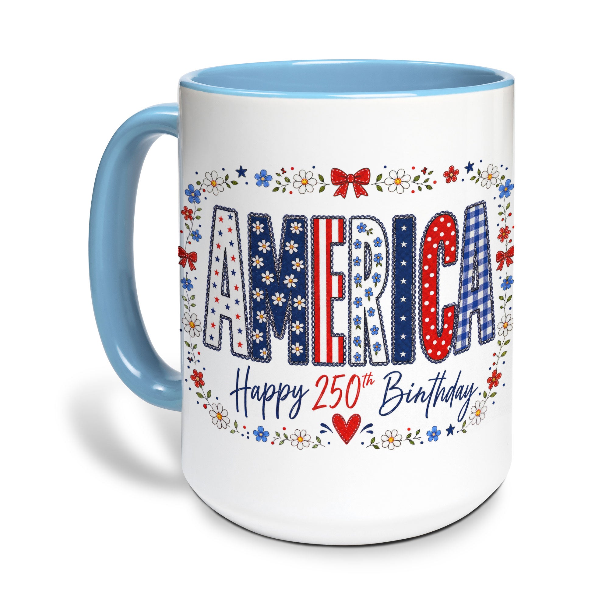 Cute America Floral Mug - Happy 250th Birthday Patriotic US Coquette Bow Ceramic Cup