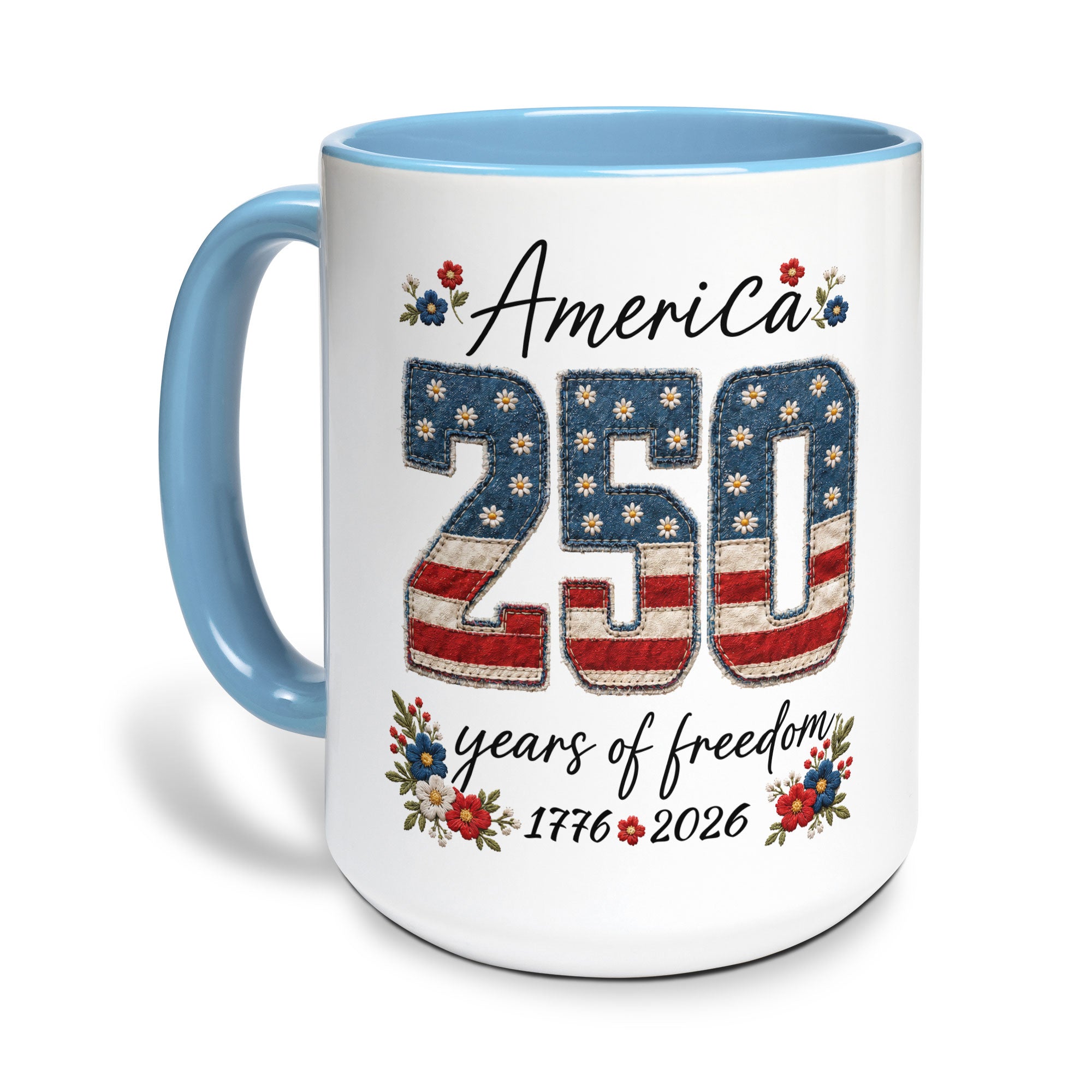 Cute America 250 Years Mug - Patriotic Floral US Anniversary Rim Ceramic Cup