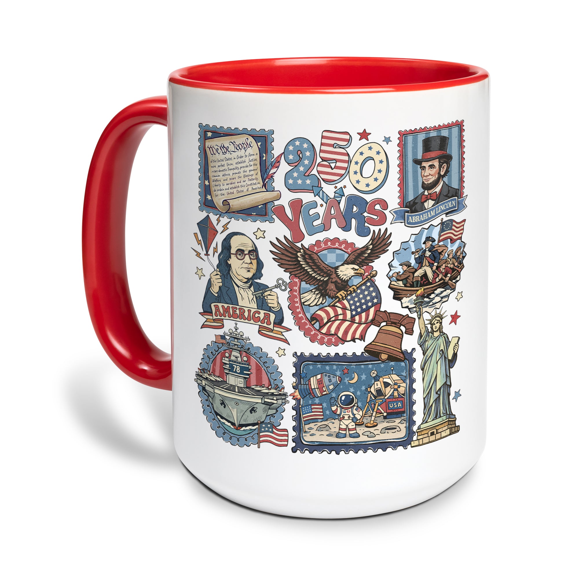 250 Years Patriotic Liberty Accent Mug - Historical Doodle Stamps American Eagle Gift Cup