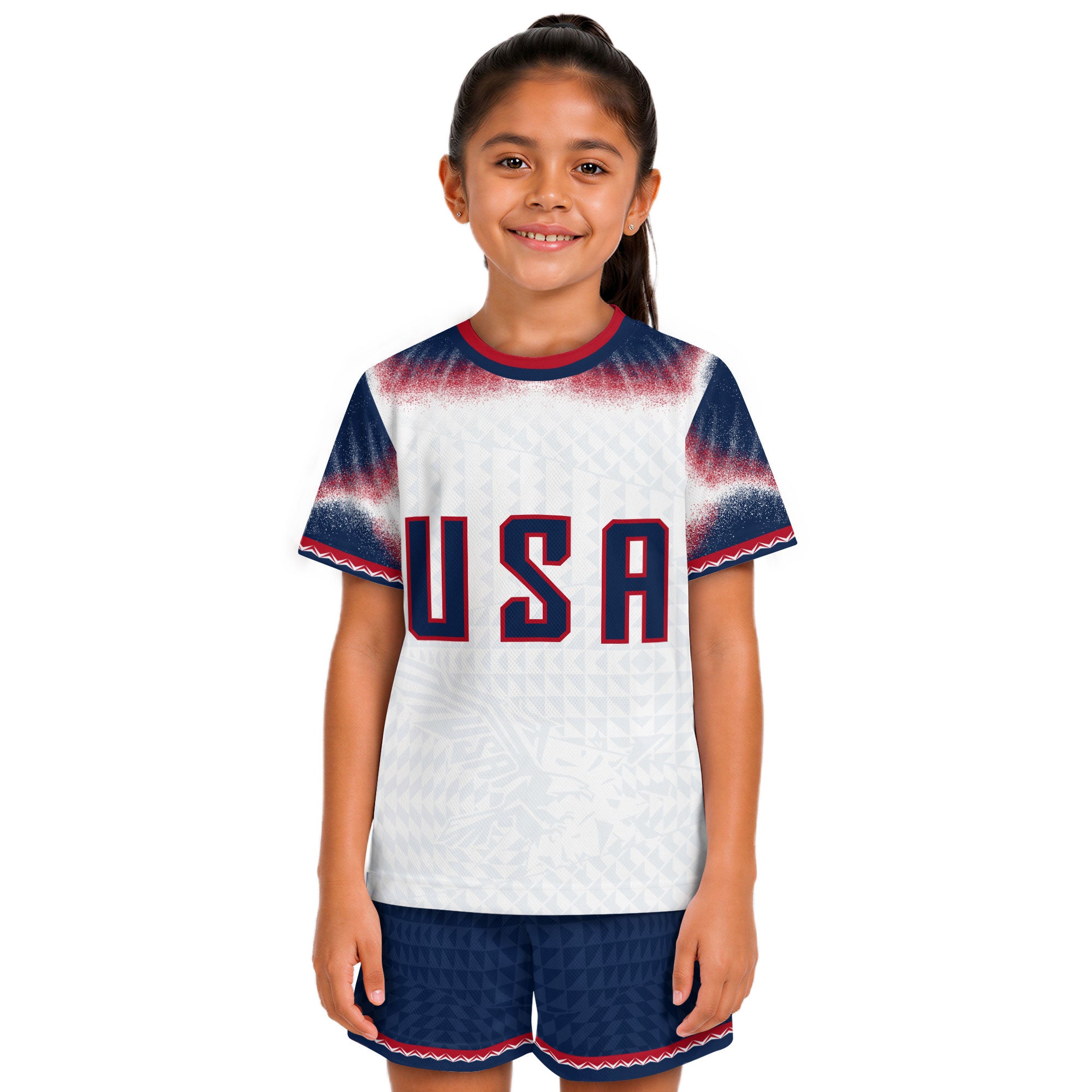 Kids USA Soccer Jersey White Youth Red Blue Patriotic Football Tee Shirt