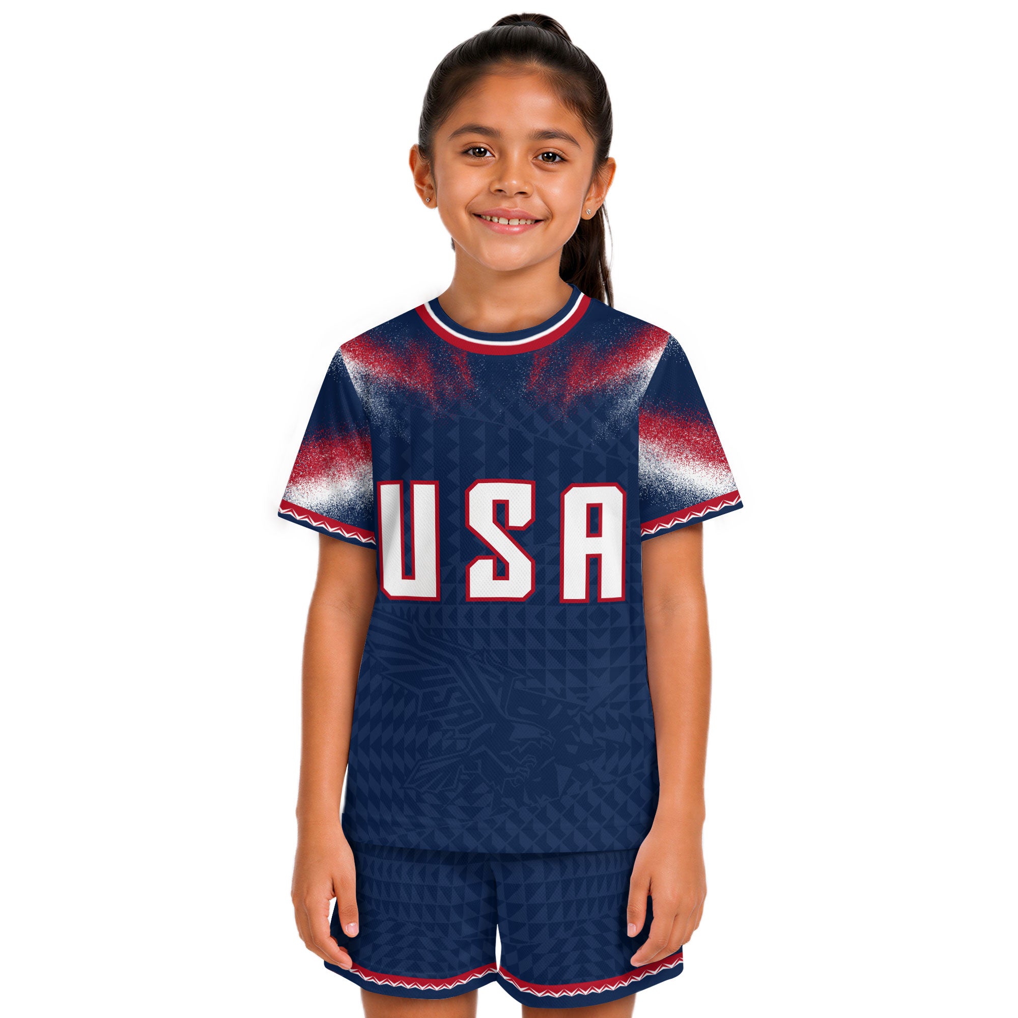 Kids USA Soccer Jersey Navy Blue Youth Red White Blue Patriotic Football Tee Shirt