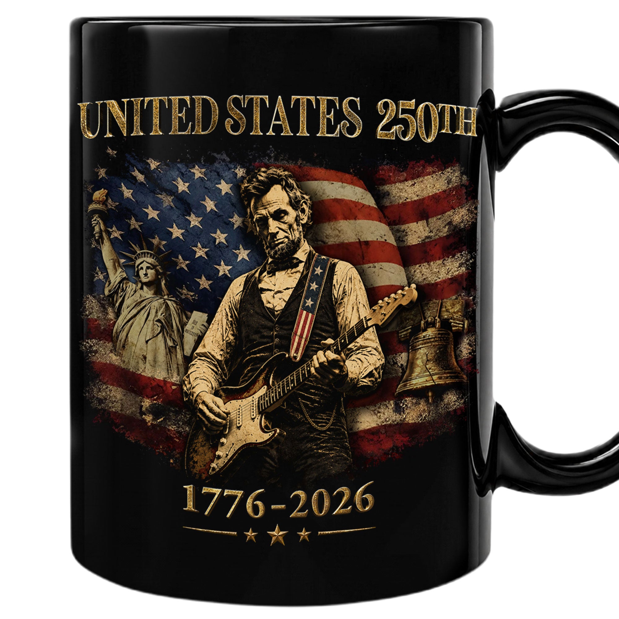 Historic USA 250th Anniversary 1776-2026 Lincoln Guitar Patriotic Symbols Mug Gift - Rust Field Wear