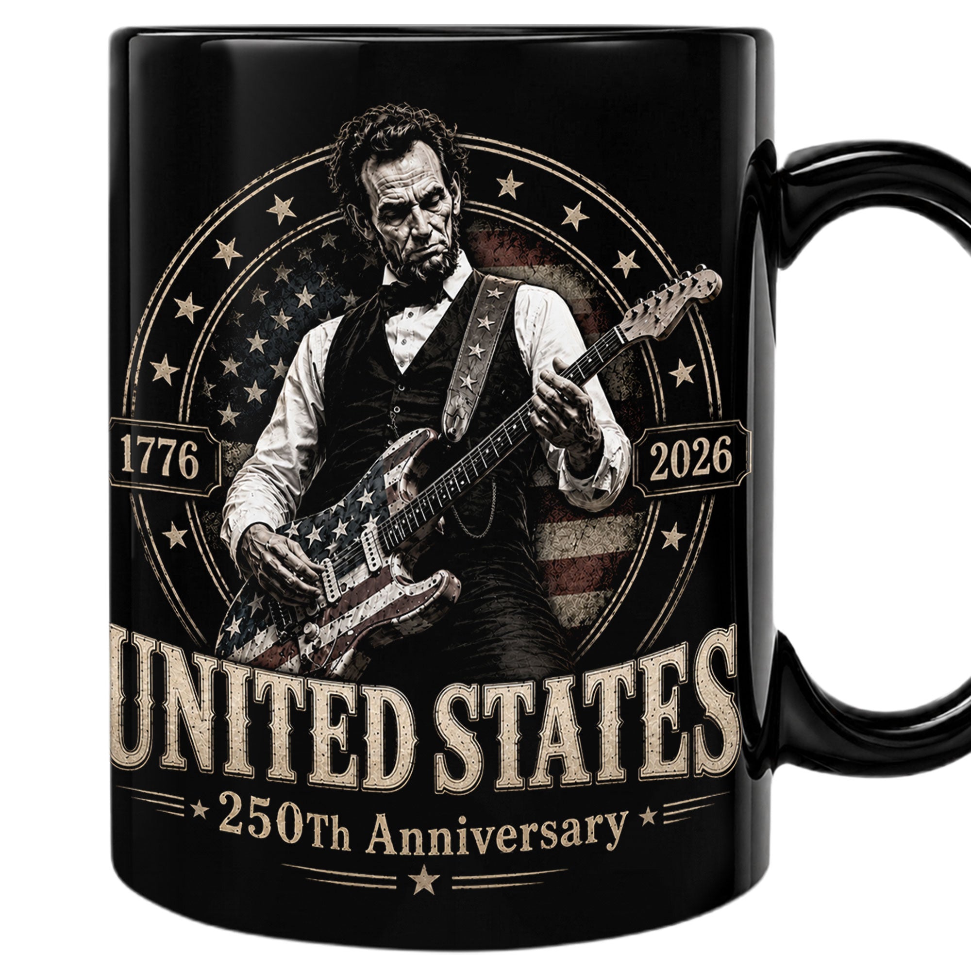 250 Years 1776 2026 Mug Abraham Lincoln Rock Guitar Patriotic Patriotic Ceramic Cup - Rust Field Wear
