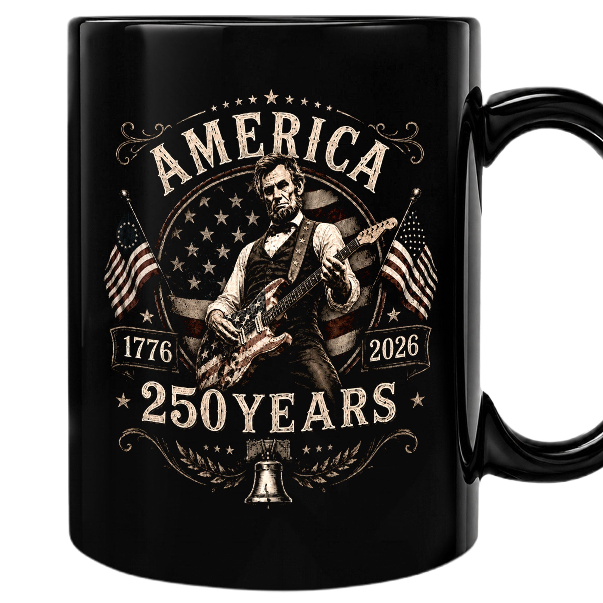 250 Years 1776 2026 Mug Abraham Lincoln Rock Guitar Liberty Bell Patriotic Cup Gift